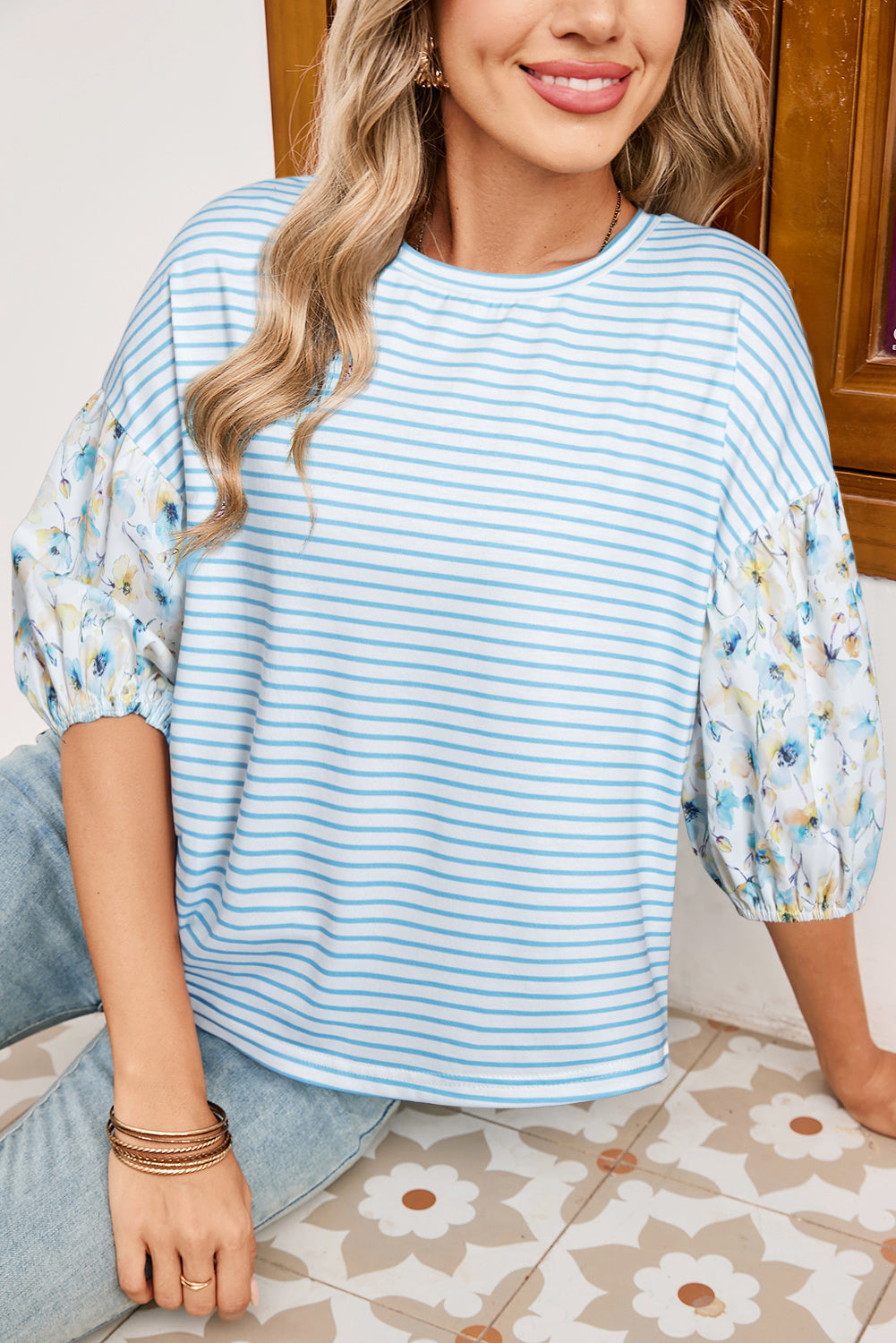 Sky Blue Stripe 3/4 Floral Puff Sleeve Patchwork Drop Shoulder Top eAura