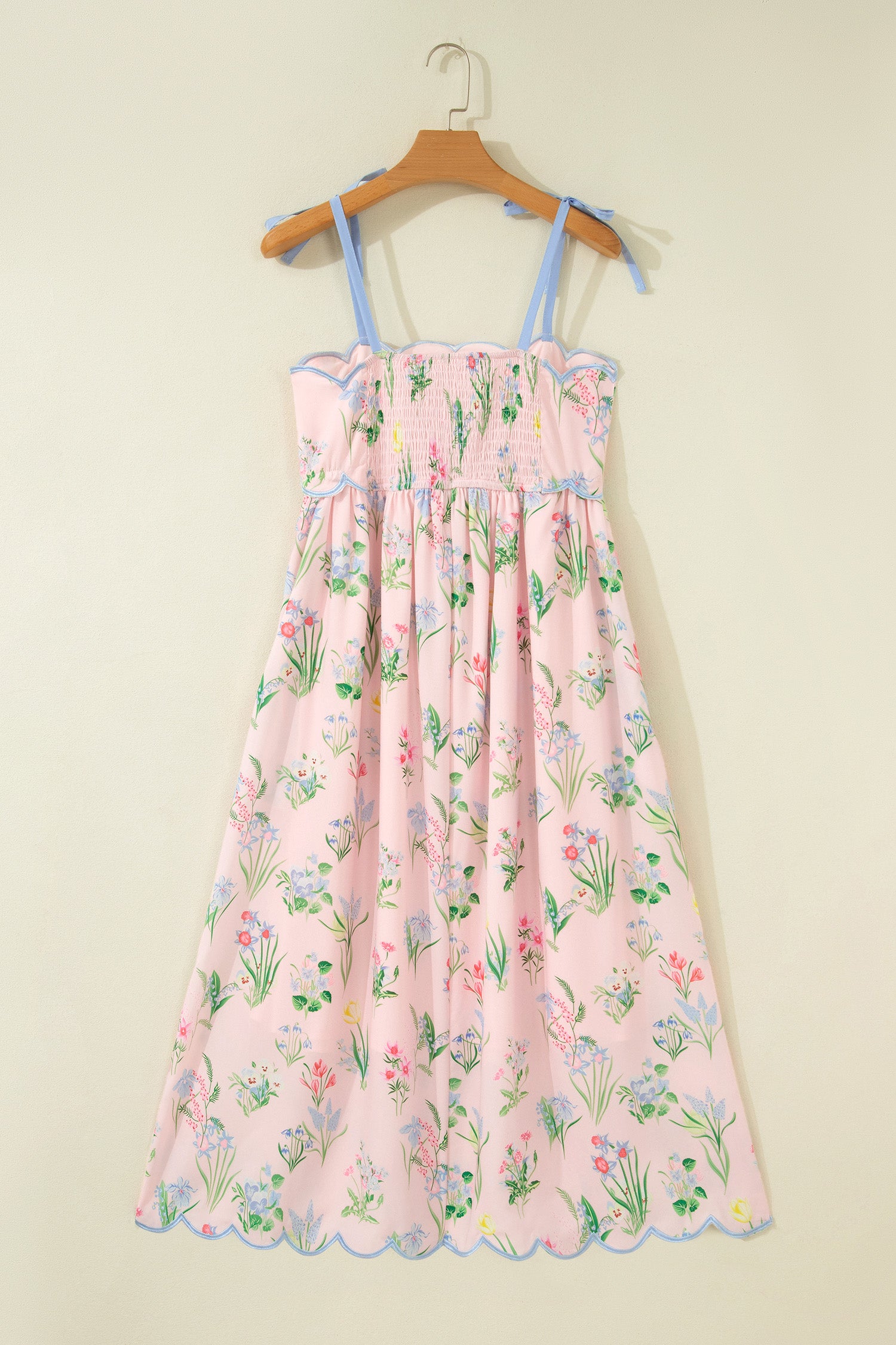 Floral Print Contrast Trim Self-Tie Straps Midi Dress
