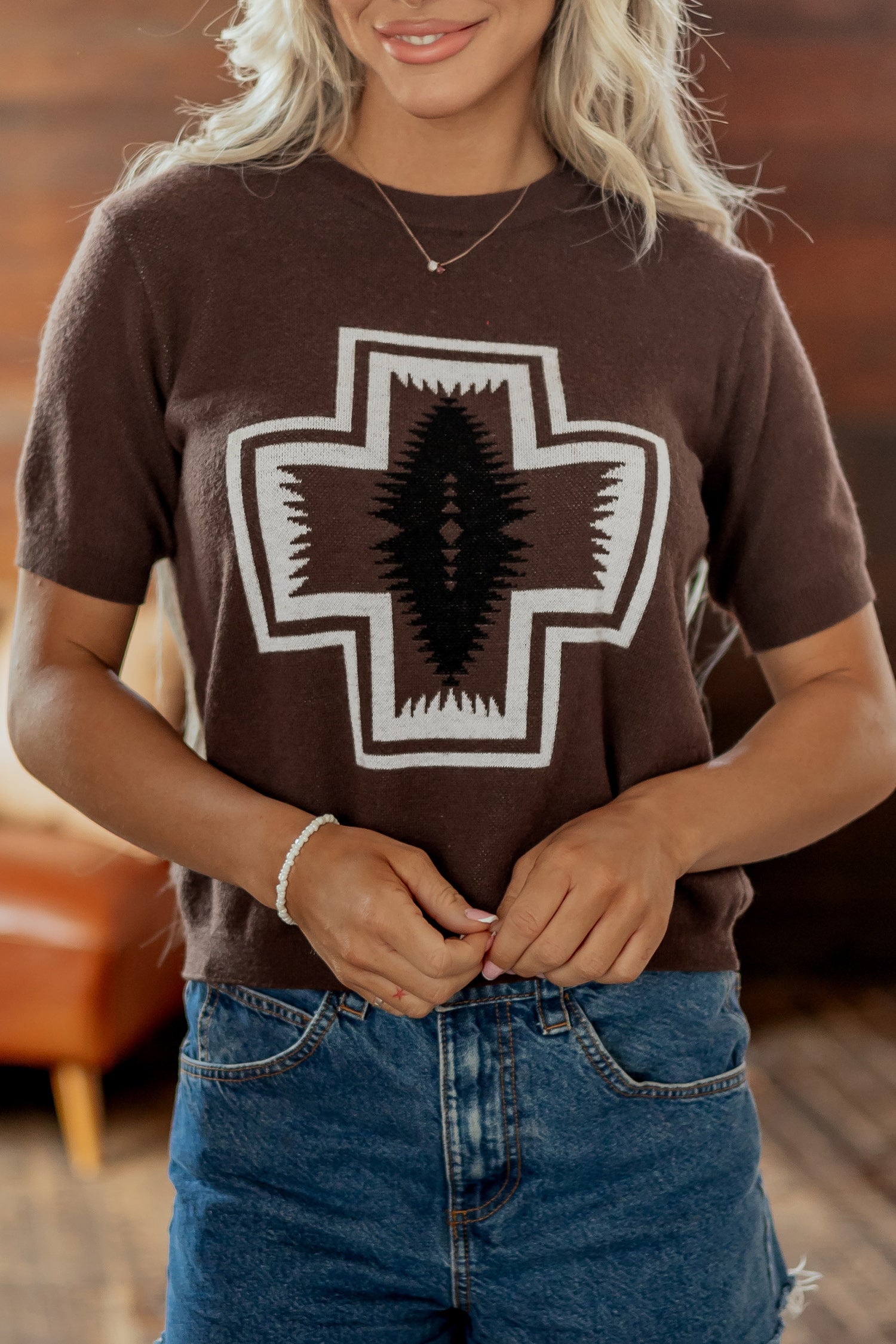 Western Print Short Sleeve Knit Casual Sweater – Brown
