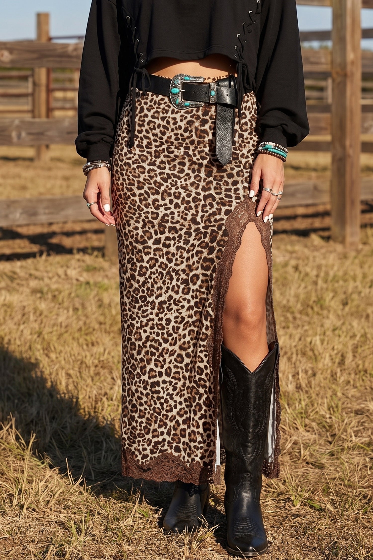 Cheetah Print Trim Split Long Western Skirt – Khaki