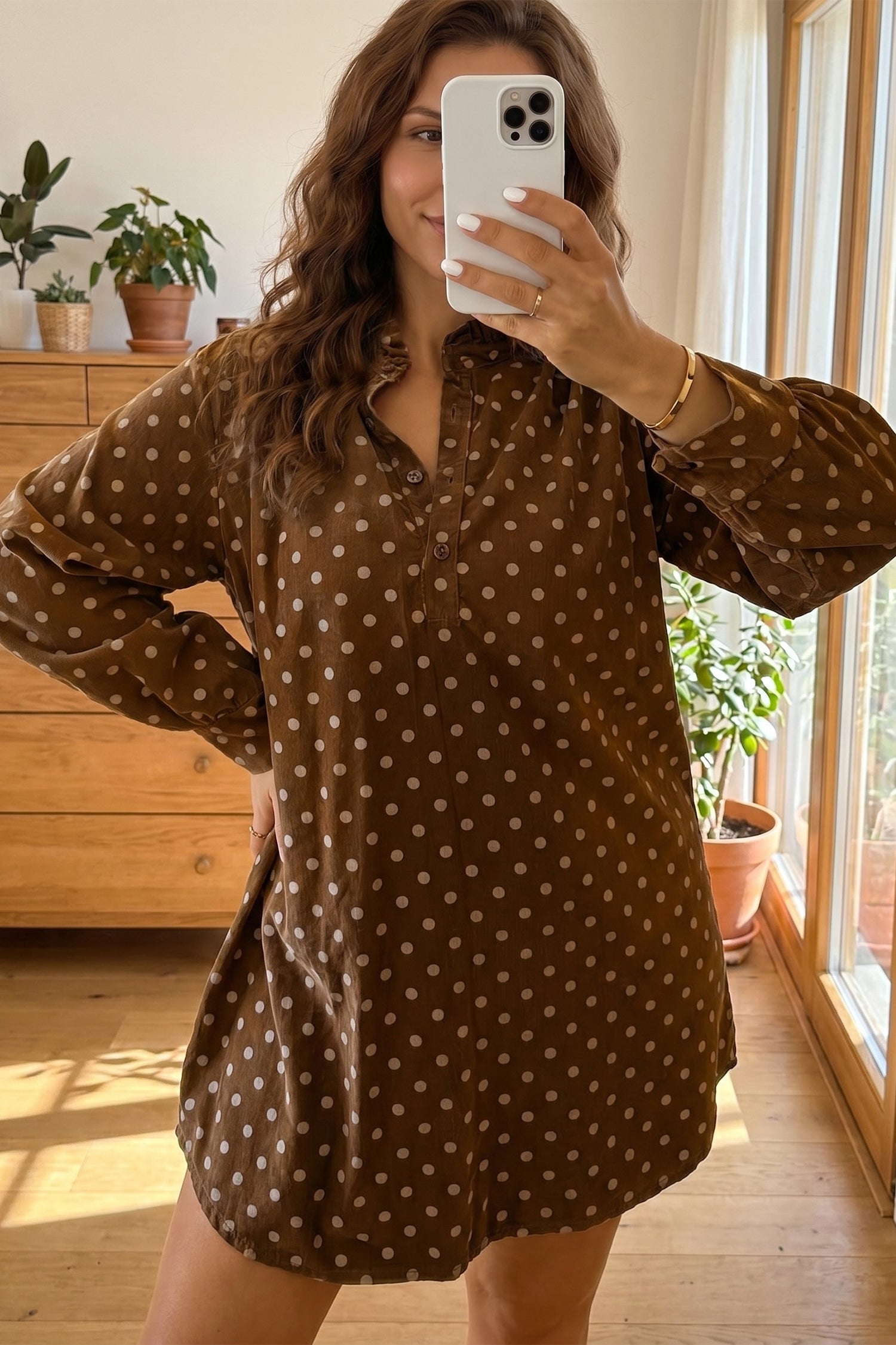 Polka Dot V Neck Long Sleeve Button Shift Dress – Brown