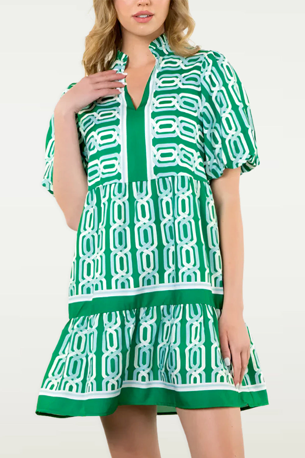 Bright Green Abstract Patterned V Neck Puff Short Sleeve Mini Dress eAura
