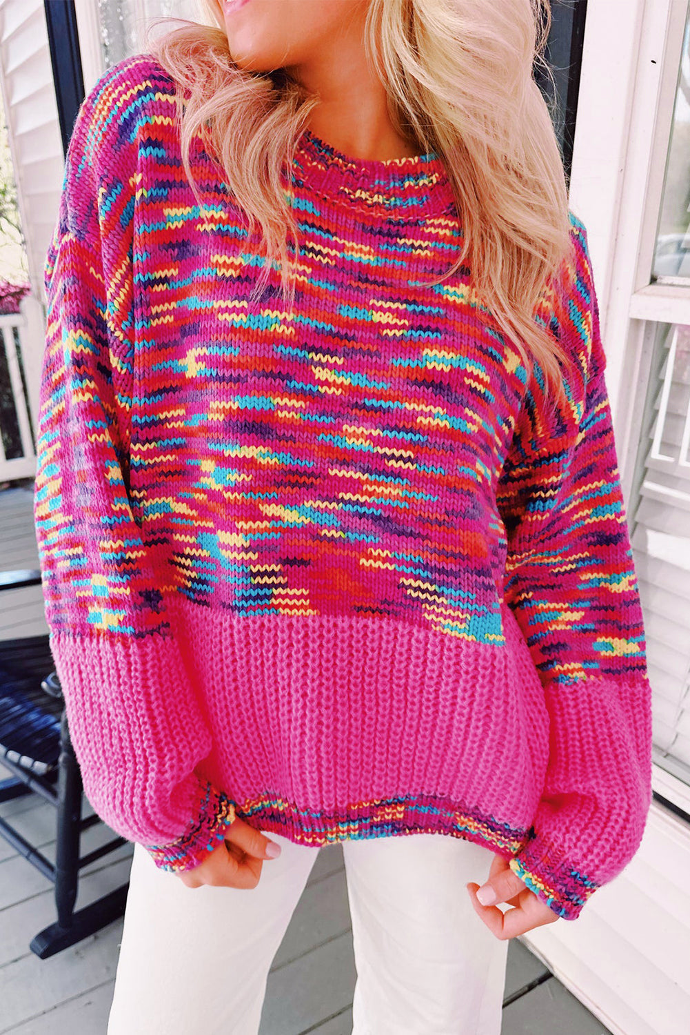 Bright Pink Rainbow Confetti Drop Shoulder Sweater eAura
