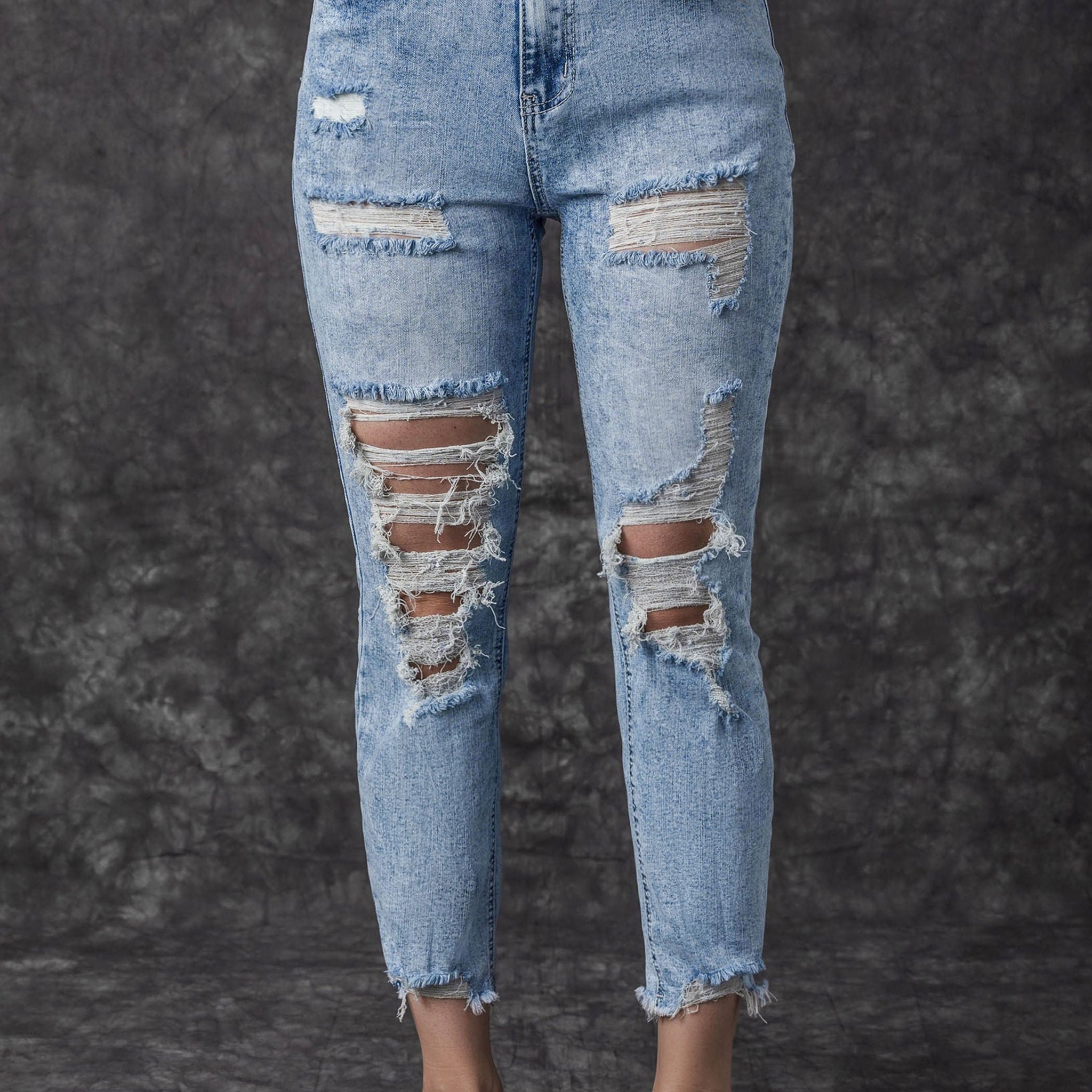 Sky Blue Acid Wash Distressed Slim Fit Jeans Beagle Boutique Fashion Outlet