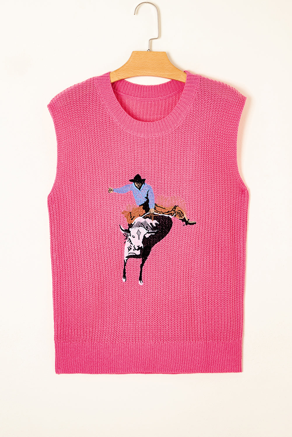 Western Cowboy Embroidery Round Neck Sleeveless Sweater eAura
