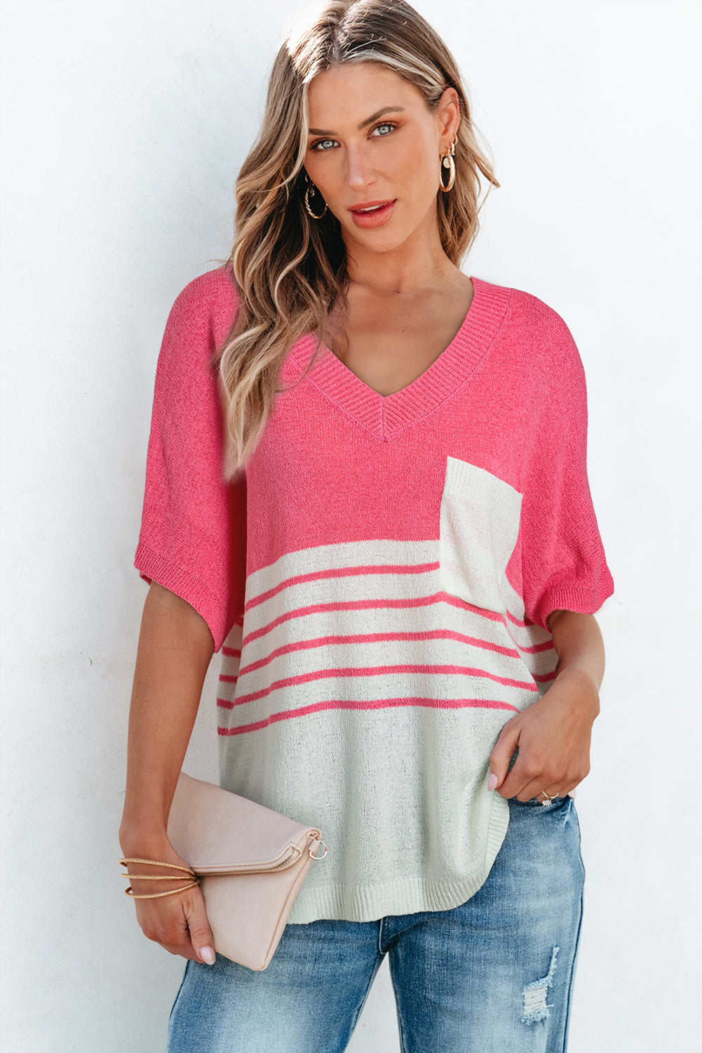 Strawberry Pink Contrast Stripes V Neck Knitted Short Sleeve Top eAura