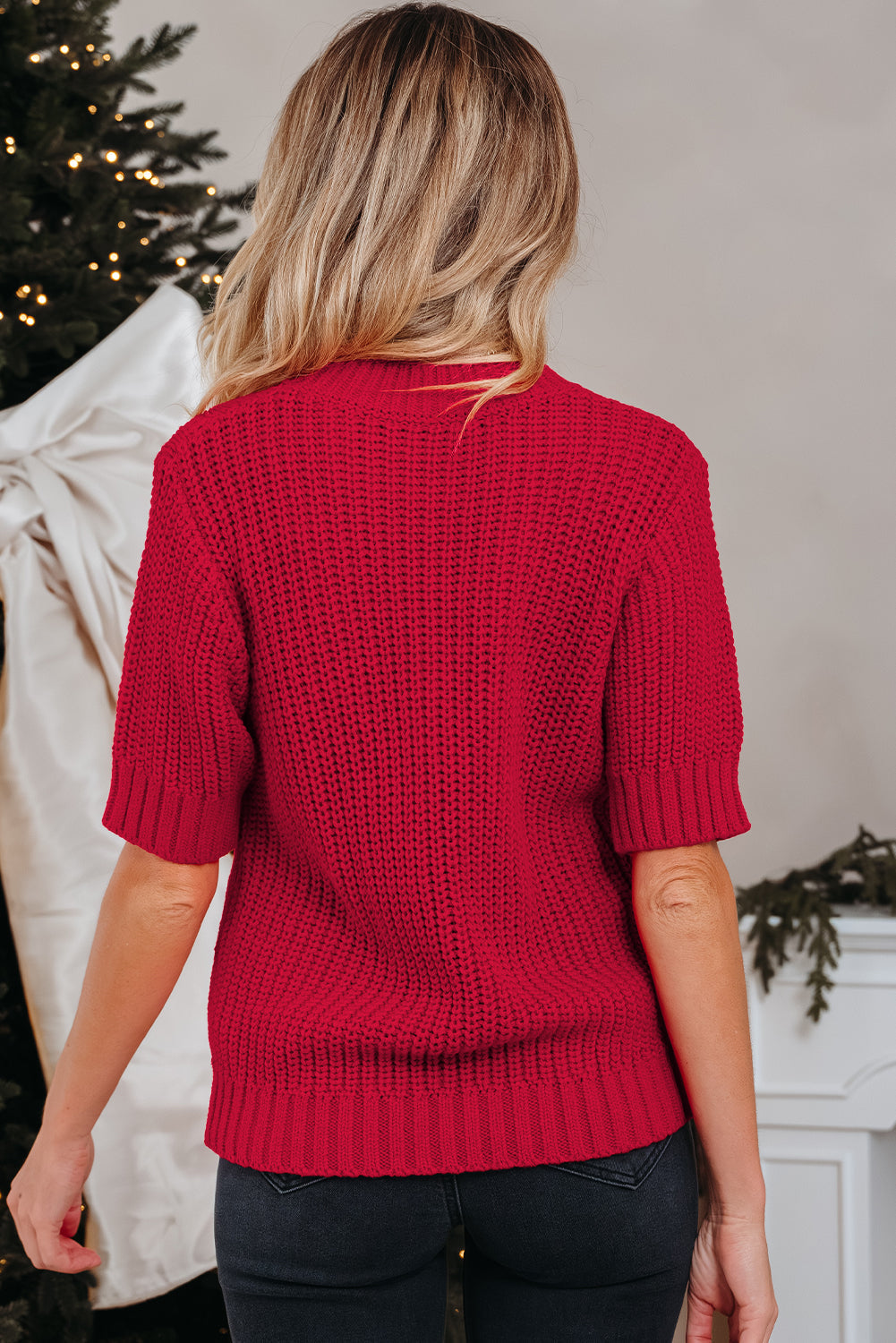 Plaid Lace up Detail Christmas Holiday Puff Short Sleeve Sweater - eAura