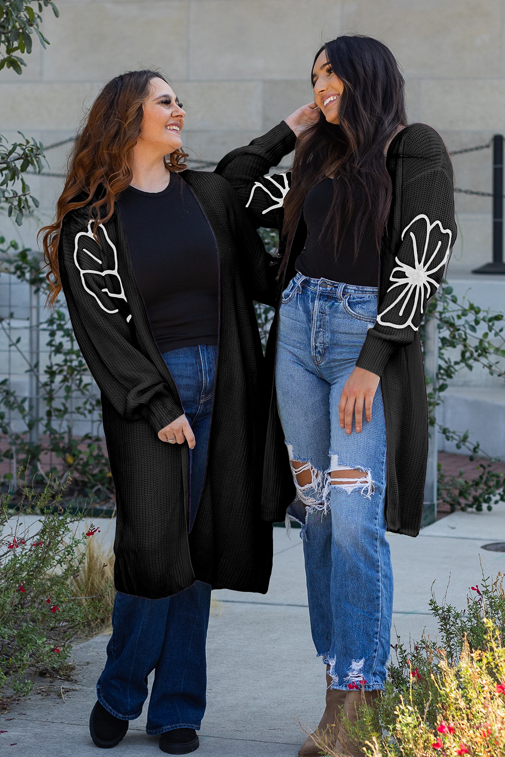 Black Flower Embroidered Drop Shoulder Open Front Duster Cardigan eAura