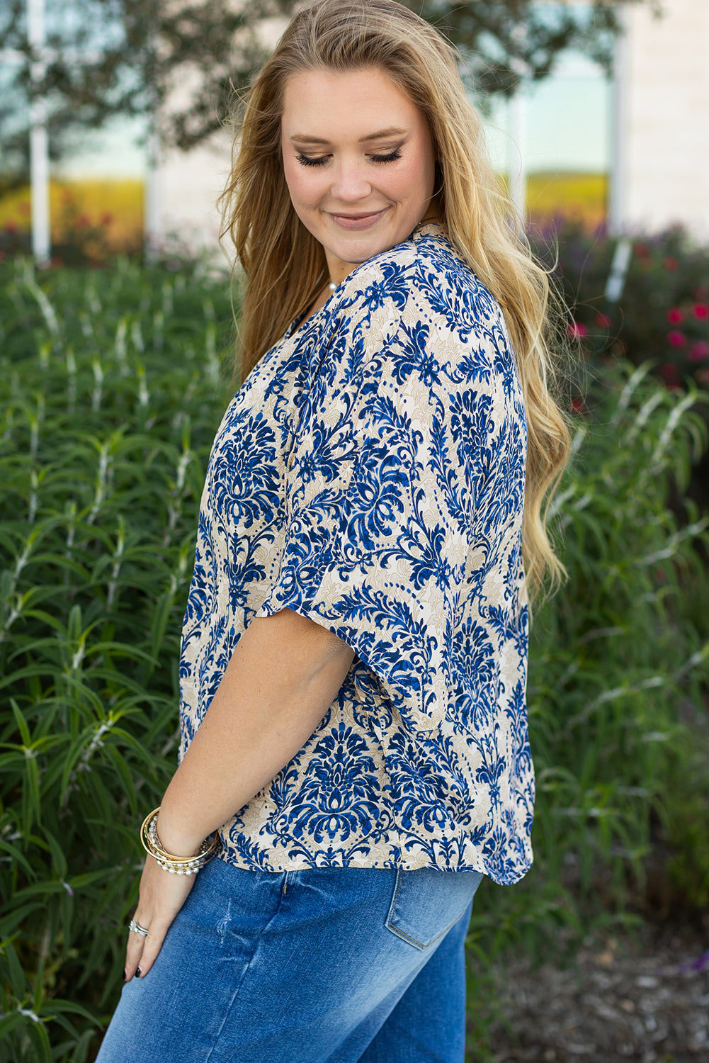 Blue Plus Size Ethnic Printed 3/4 Sleeve V Neck Loose Blouse BB Fashion Outlet