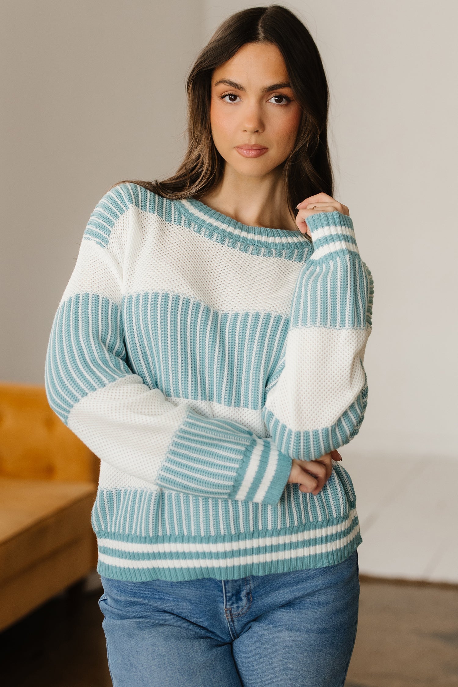 Two Tone Striped Patchwork Drop Shoulder Oversized Sweater - Sweaters & Cardigans/Sweaters
