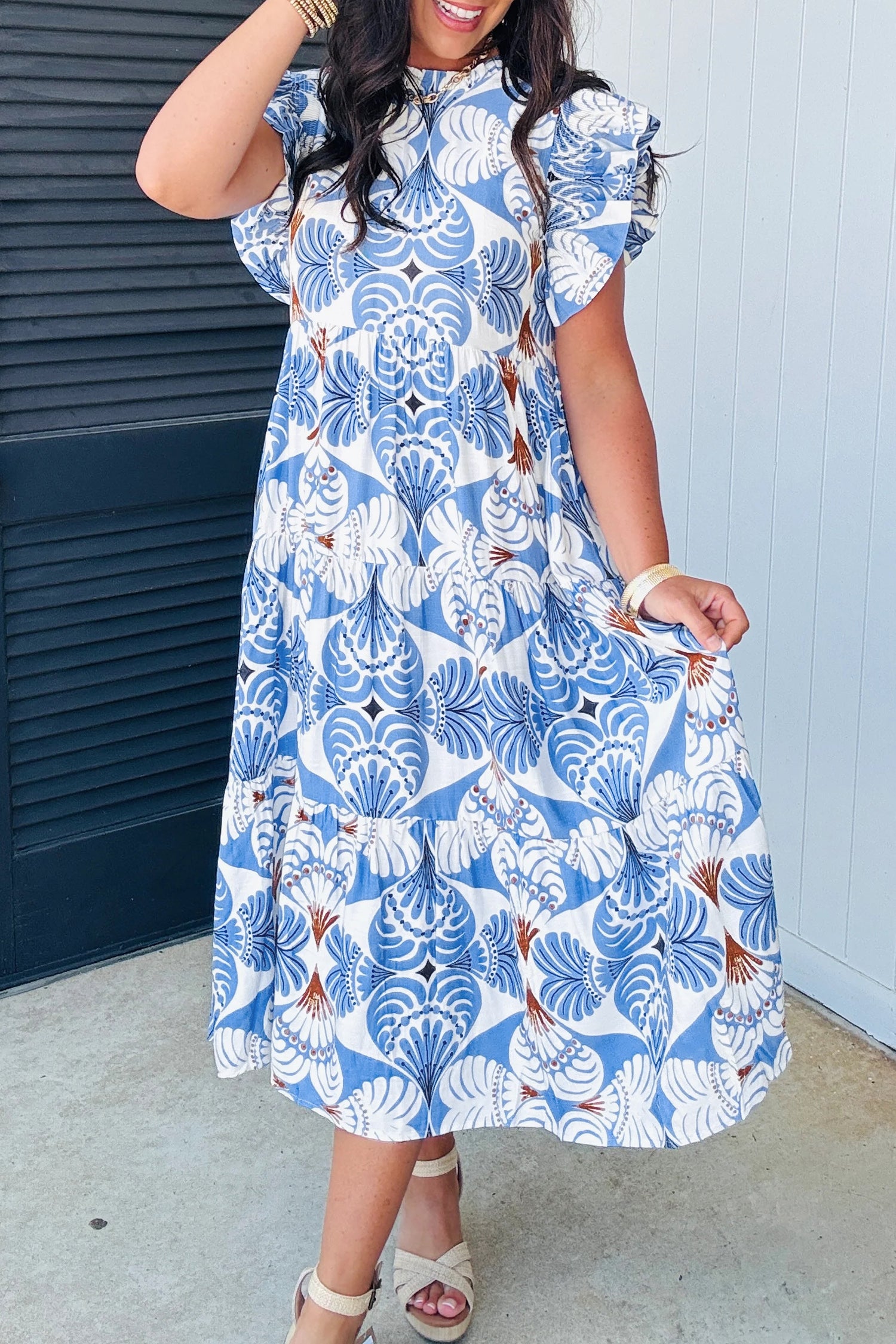 Tropical Botanical Print Flutter Sleeve Maxi Dress – Blue