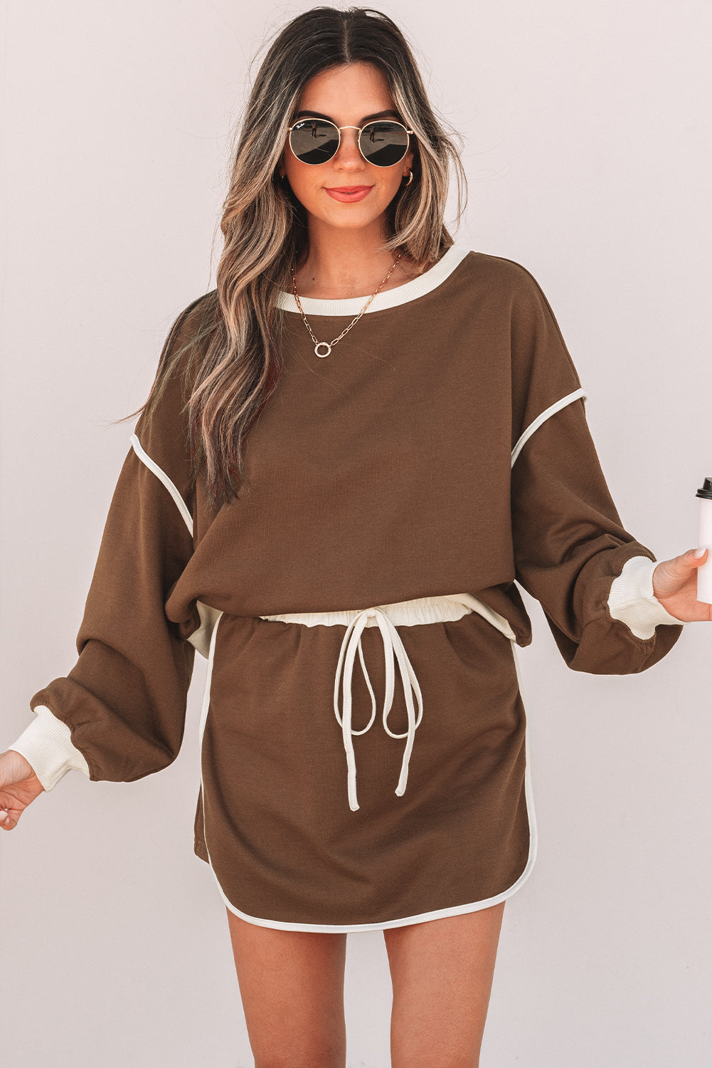 Coffee Colour Contrast Loose Pullover and Lace-up Waist Skort Set eAura
