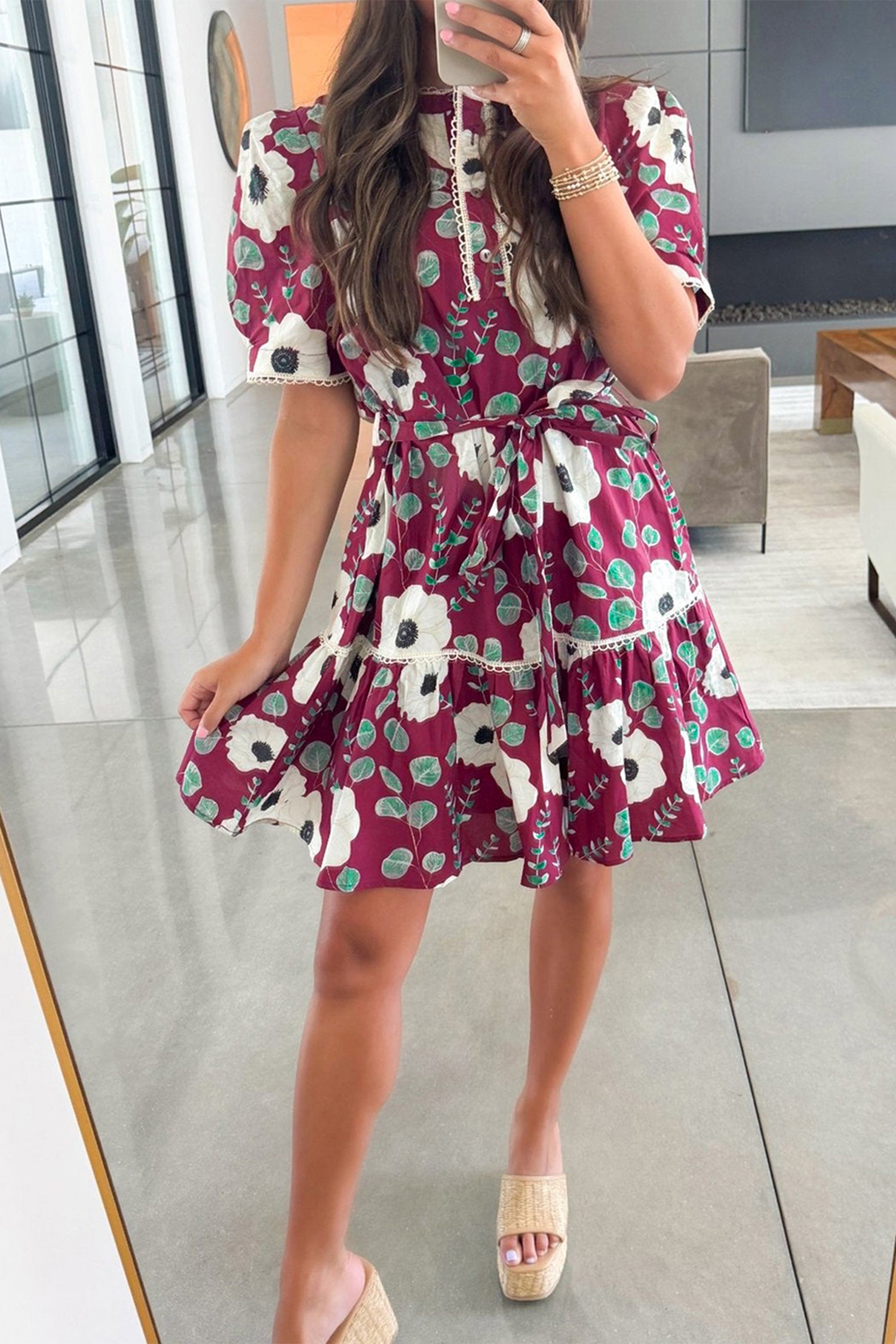 Floral Print Trimmed Short Puff Sleeve Mini Dress with Belt