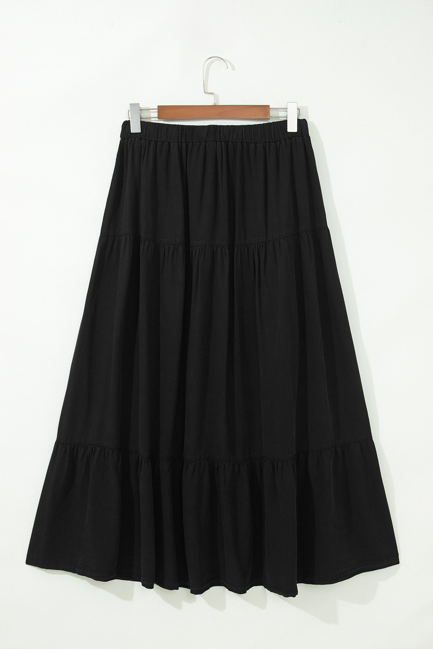 Elastic Waist Ruffled Tiered Flared Denim Maxi Skirt – Black