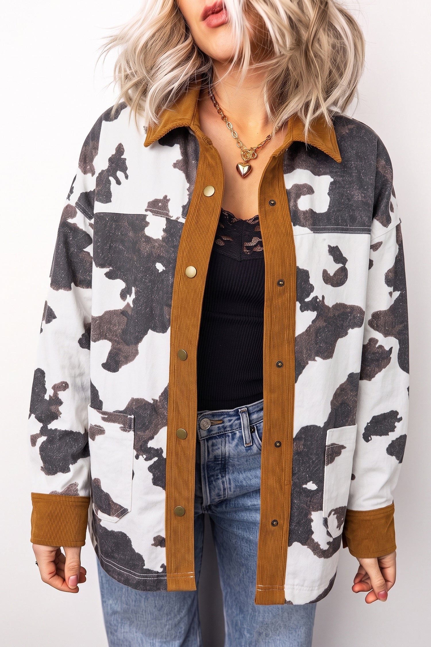 Western Cow Print Long Sleeve Button-Up Denim Jacket – Multicolour