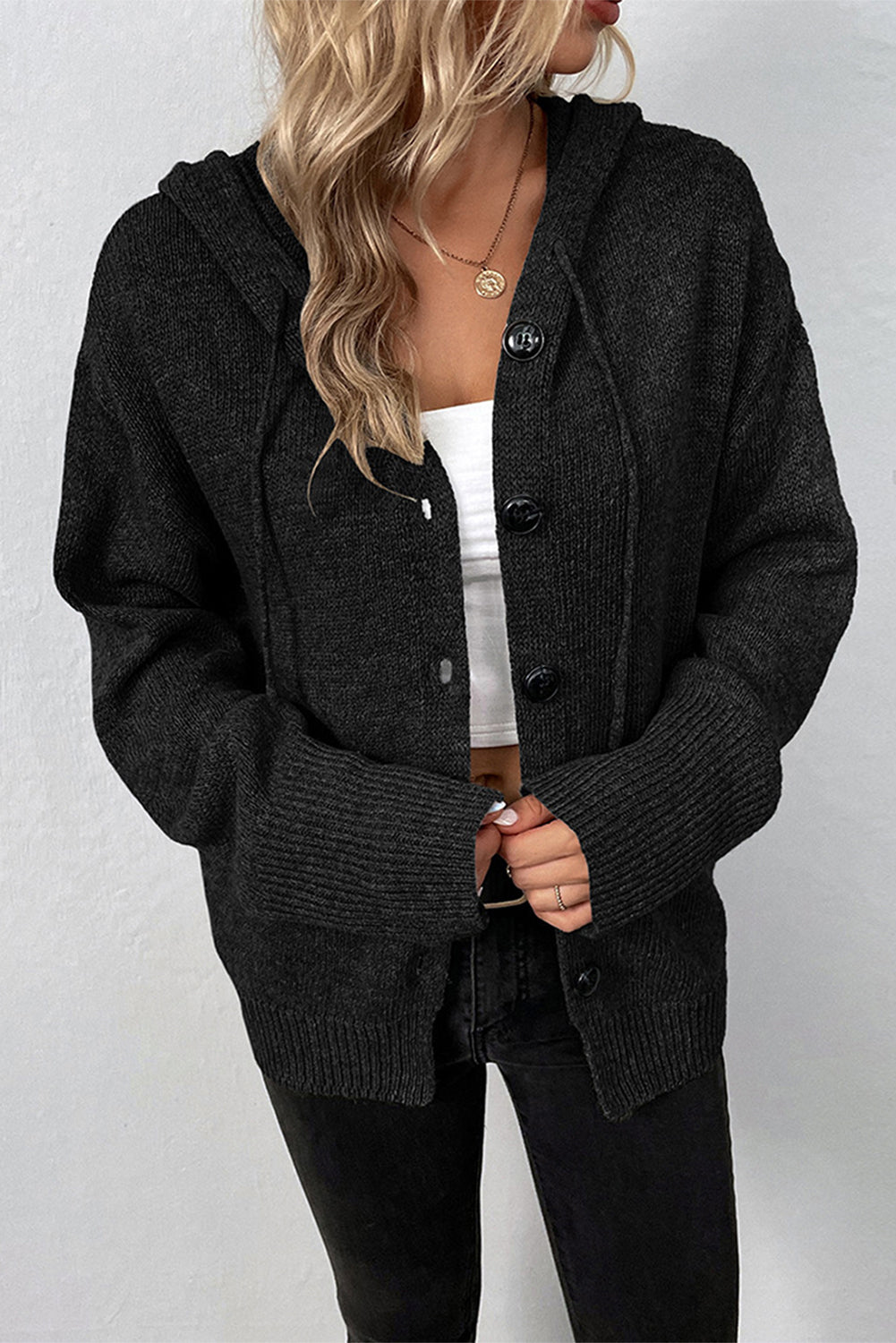 Medium Grey Drawstring Hooded Button Up Drop Shoulder Sweater Cardigan eAura