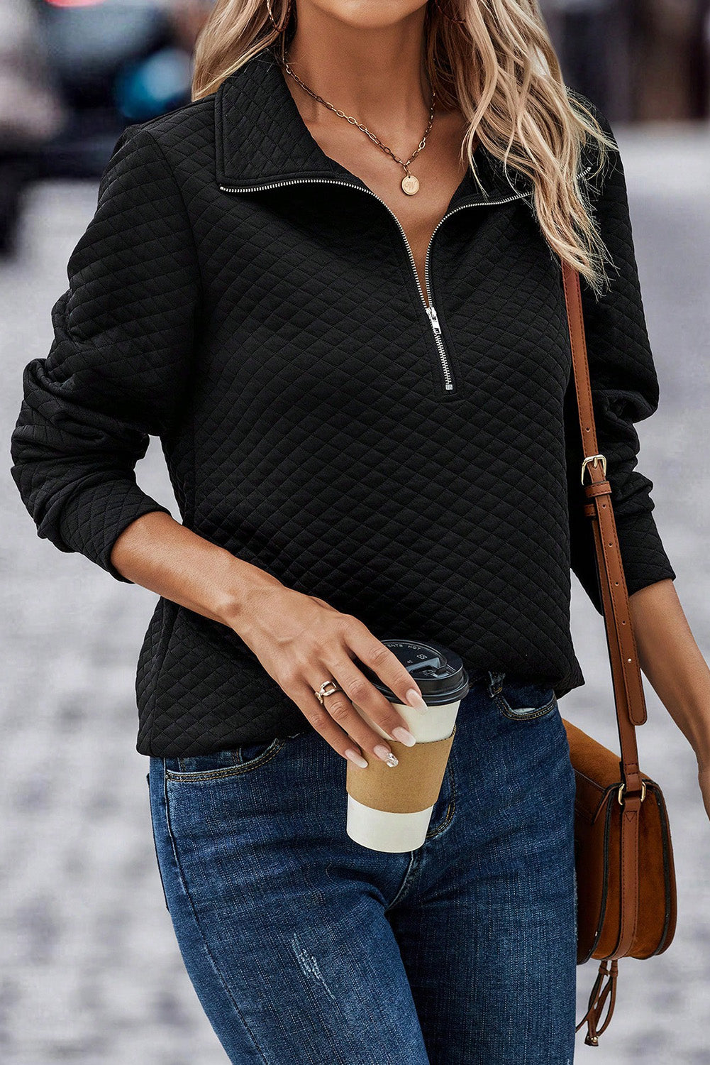 Black Solid Half Zipper Quilted Pullover Sweatshirt - eAura