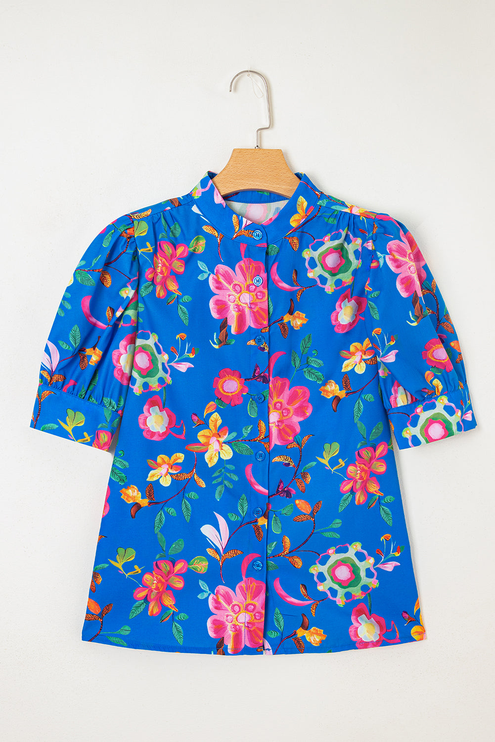 Floral Puff Sleeve Button-Up Shirt – Blue