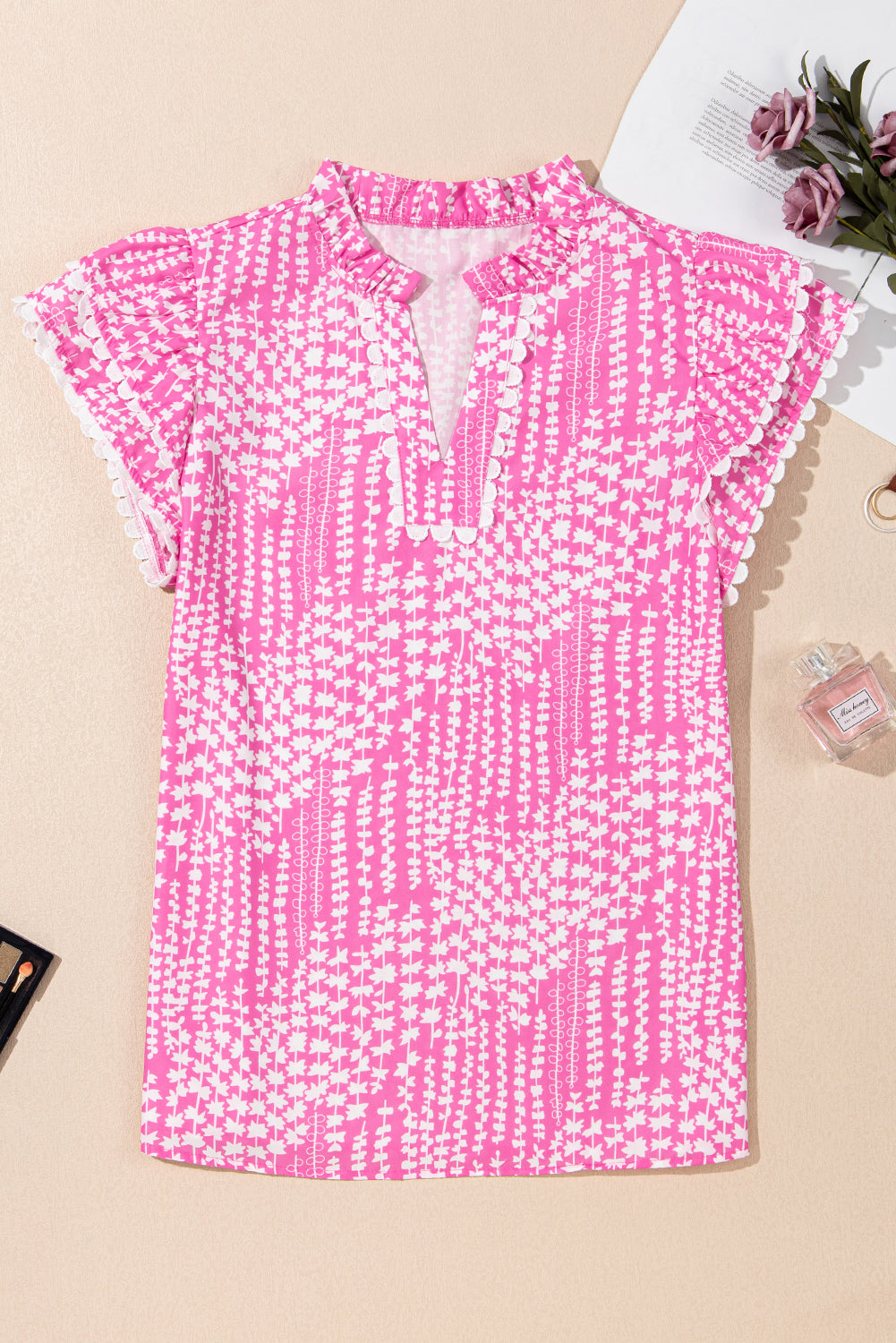 Pink Abstract Print Ric Rac Trim Flutter Sleeve Notch V Neck Blouse eAura