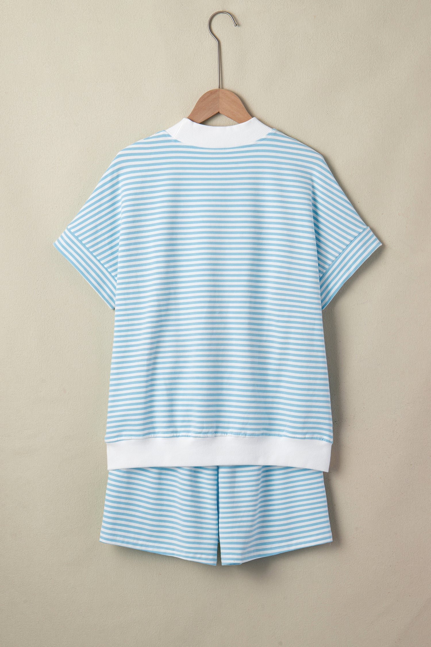 Stripe Cuffed Sleeve Contrast Mock Neck Tee Casual Co-ord Short Set