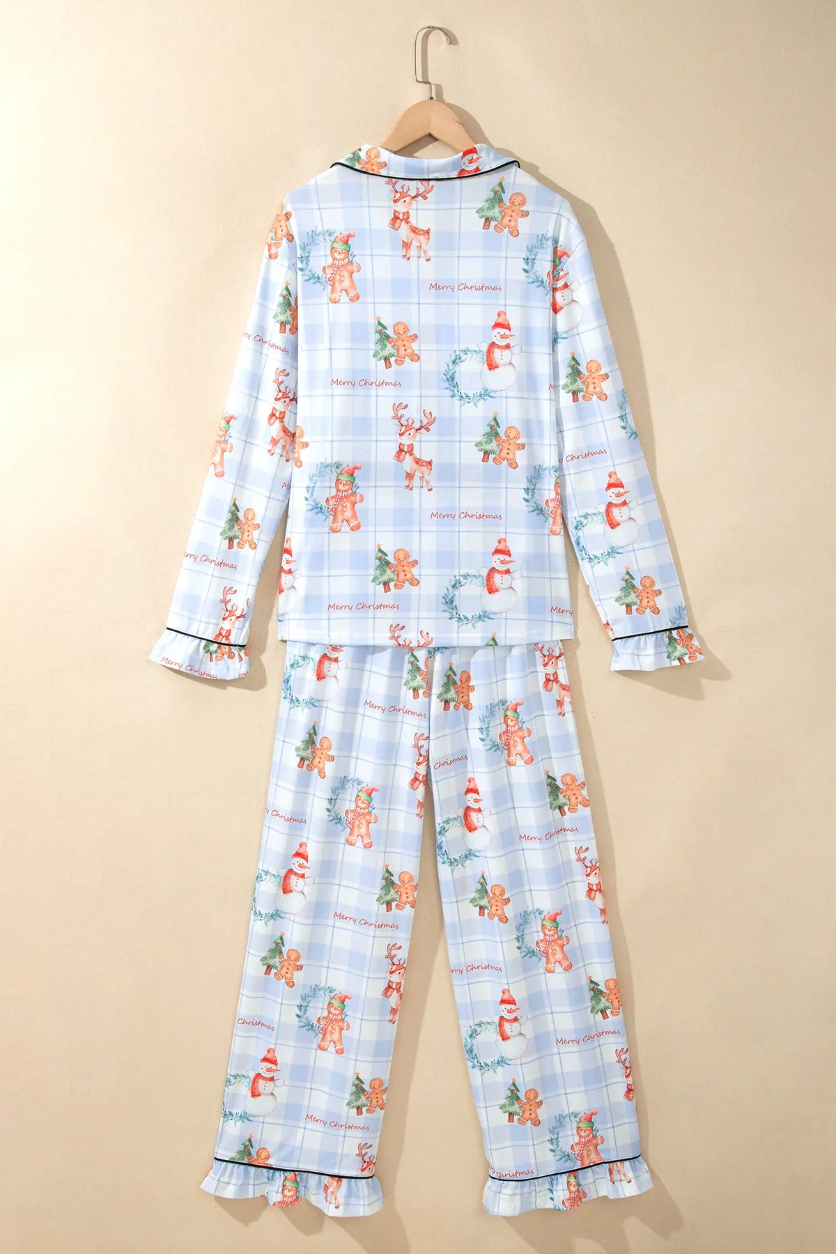 2pc Pajama Set Shirt Top & Straight-Leg Pants — Plaid Cartoon Christmas Print