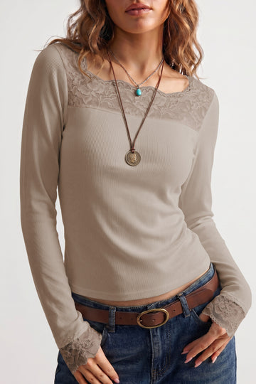 Solid Color Ribbed Lace Neck Long Sleeve Top – Dune