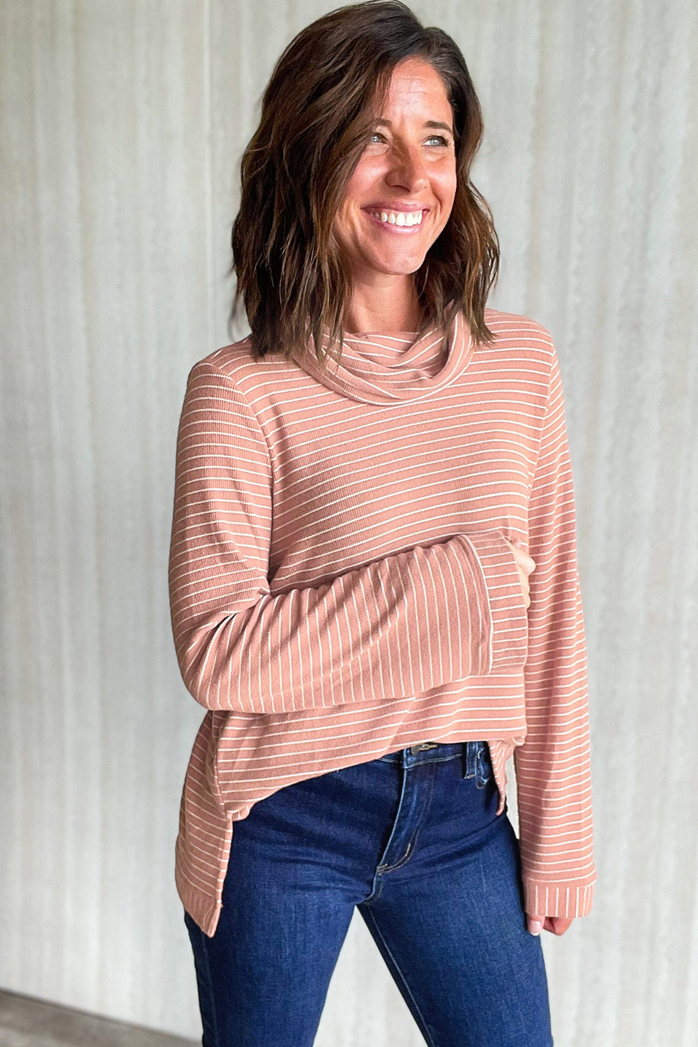 Pink Stripe Cowl Neck Side Slits Loose Fit Long Sleeve Top eAura