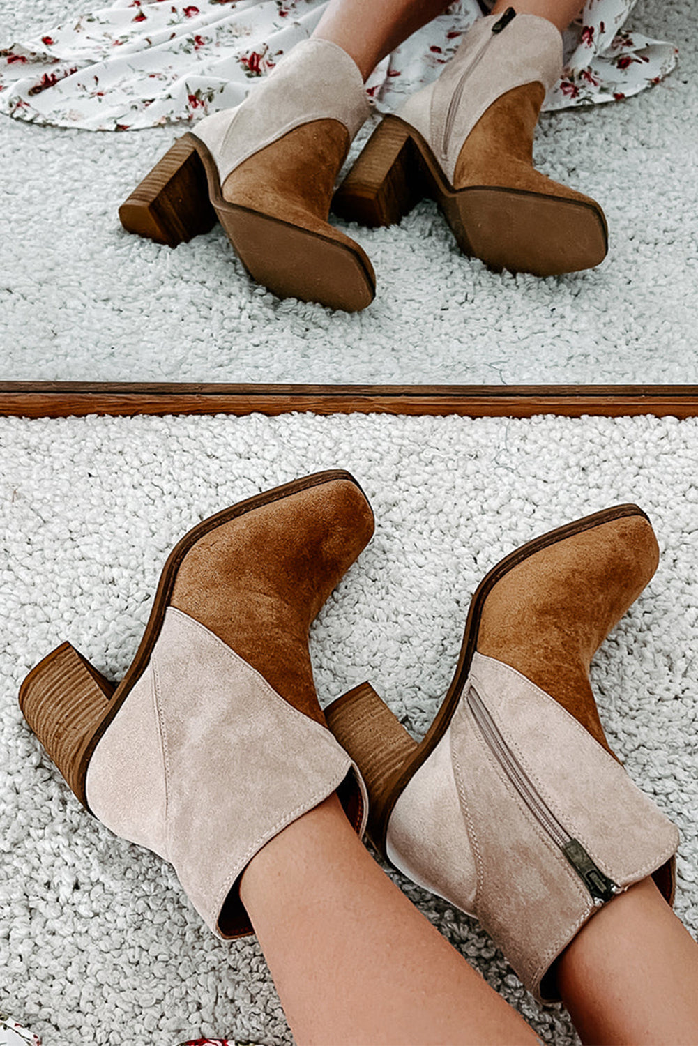Camel Two Tone Faux Suede Square Toe Chunky Heel Boots - eAura