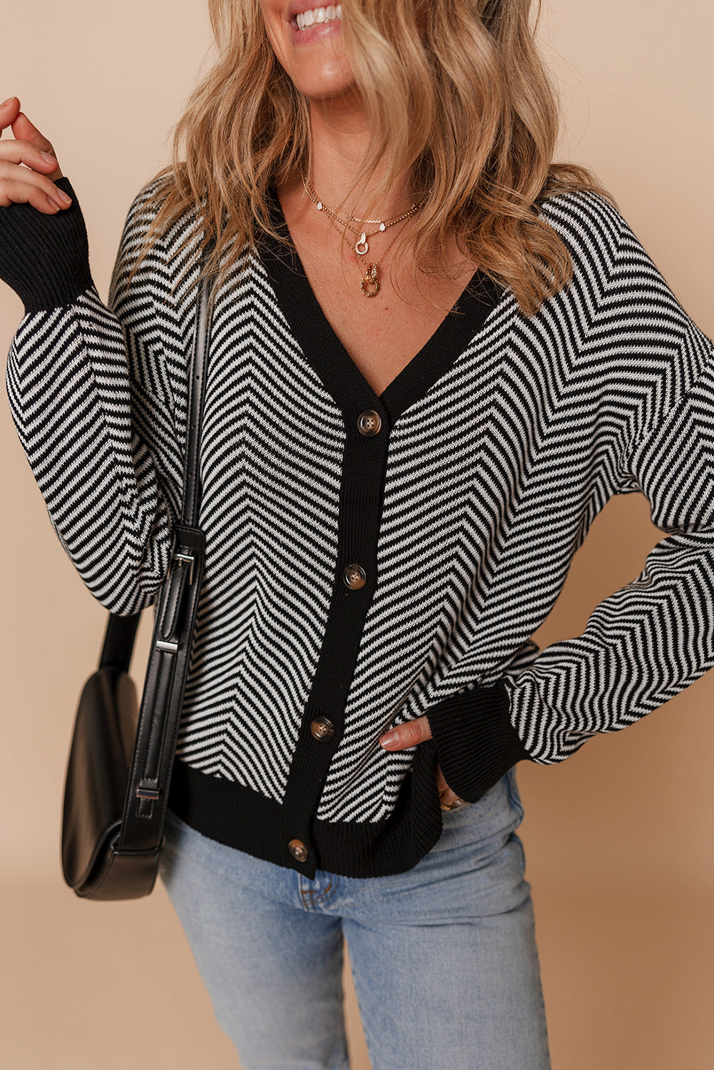Brown Stripe Buttoned Front V Neck Herringbone Cardigan Dear-Lover Dropshipping