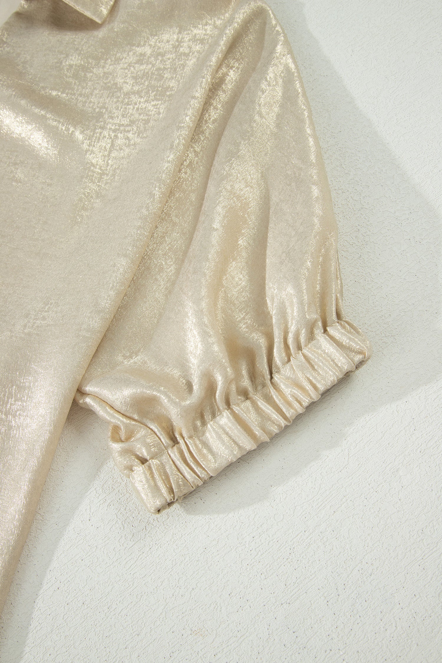 Collared V-Neck Half Sleeve Metallic Top