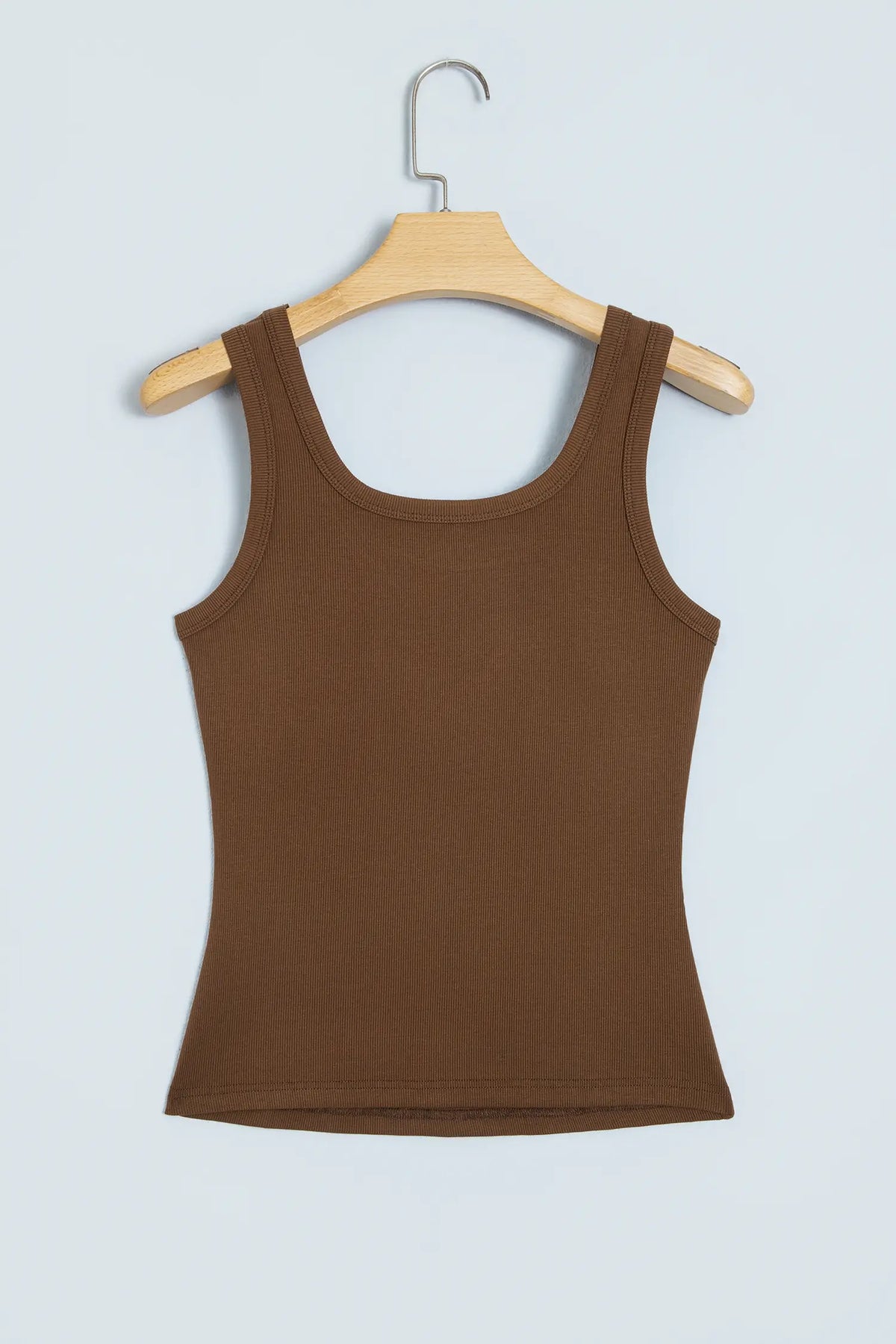 Dark Brown Studded Scoop Neck Ribbed Tank Top