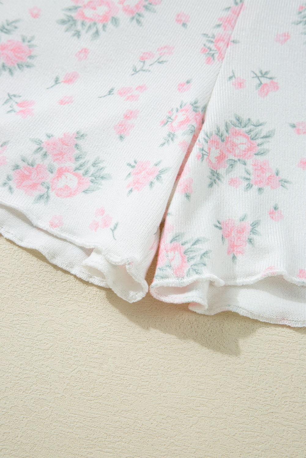 Pink Floral Lettuce Trim Tee and Shorts Ribbed Lounge Set eAura