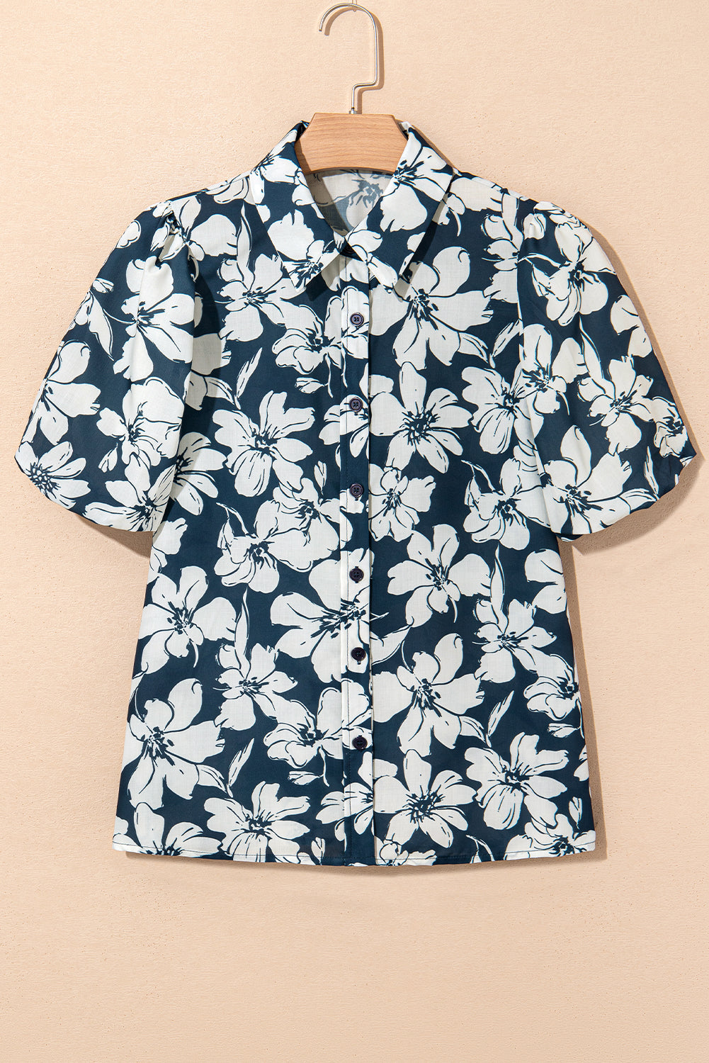 Blue Floral Short Puff Sleeve Summer Shirt eAura
