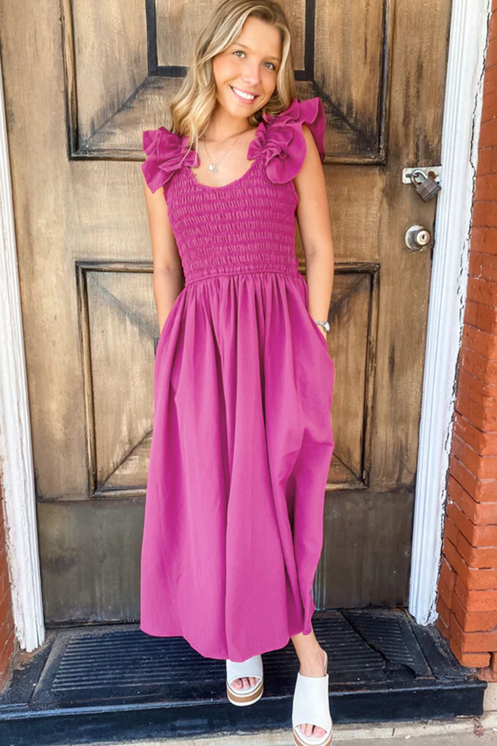 Rose Red Solid Color Ruffled Straps Smocked Ruched Maxi Dress BB Fashion Outlet
