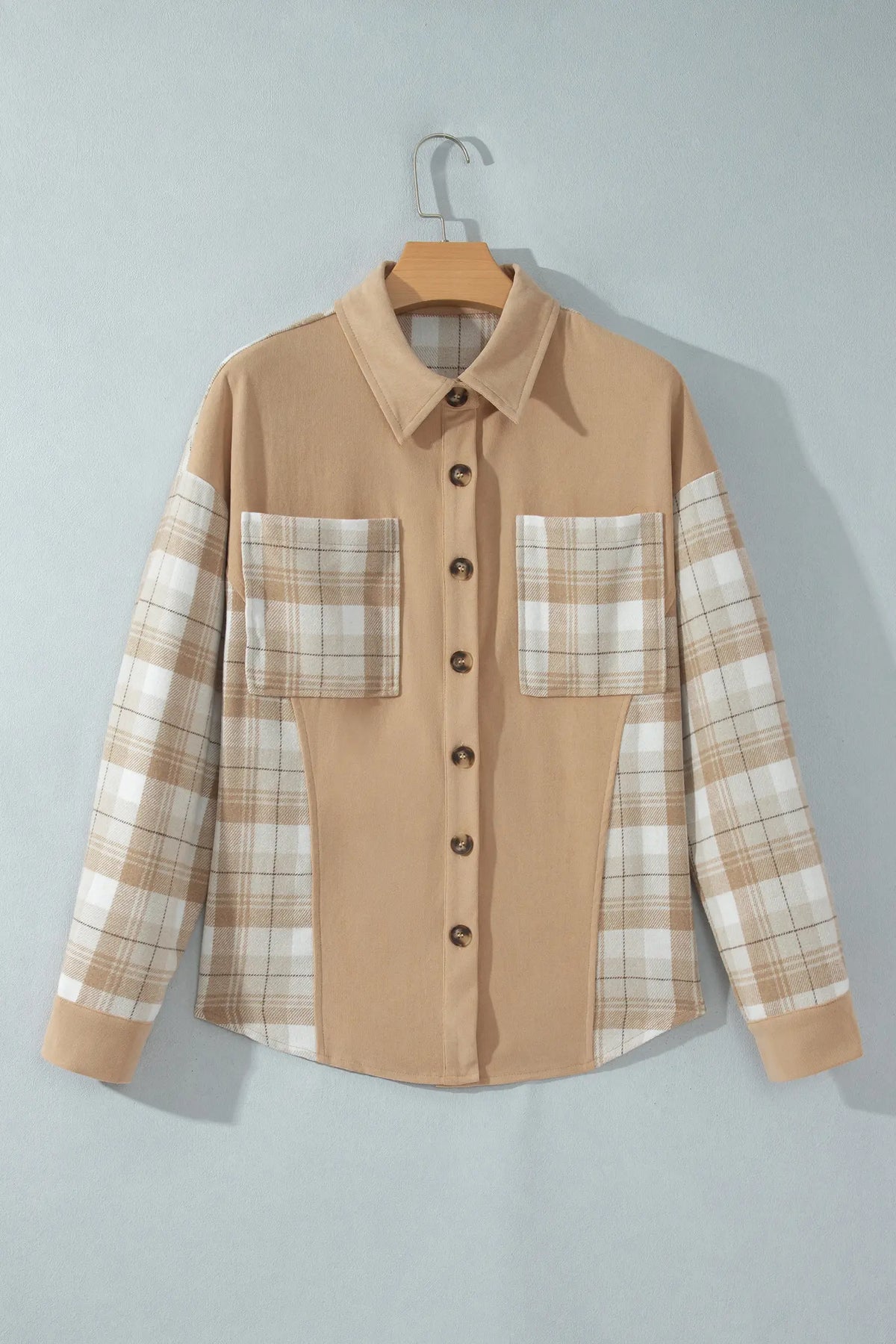 Plaid Colourblock Shirt Collar Shift Shacket – Light French Beige