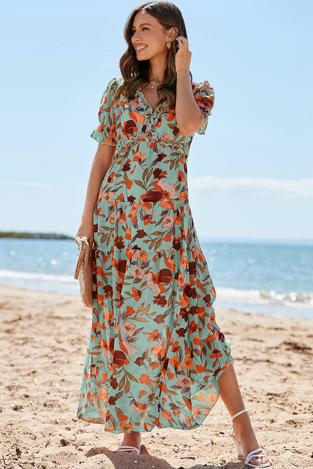 Floral Print Frilled V-Neck Short Sleeve Maxi Dress