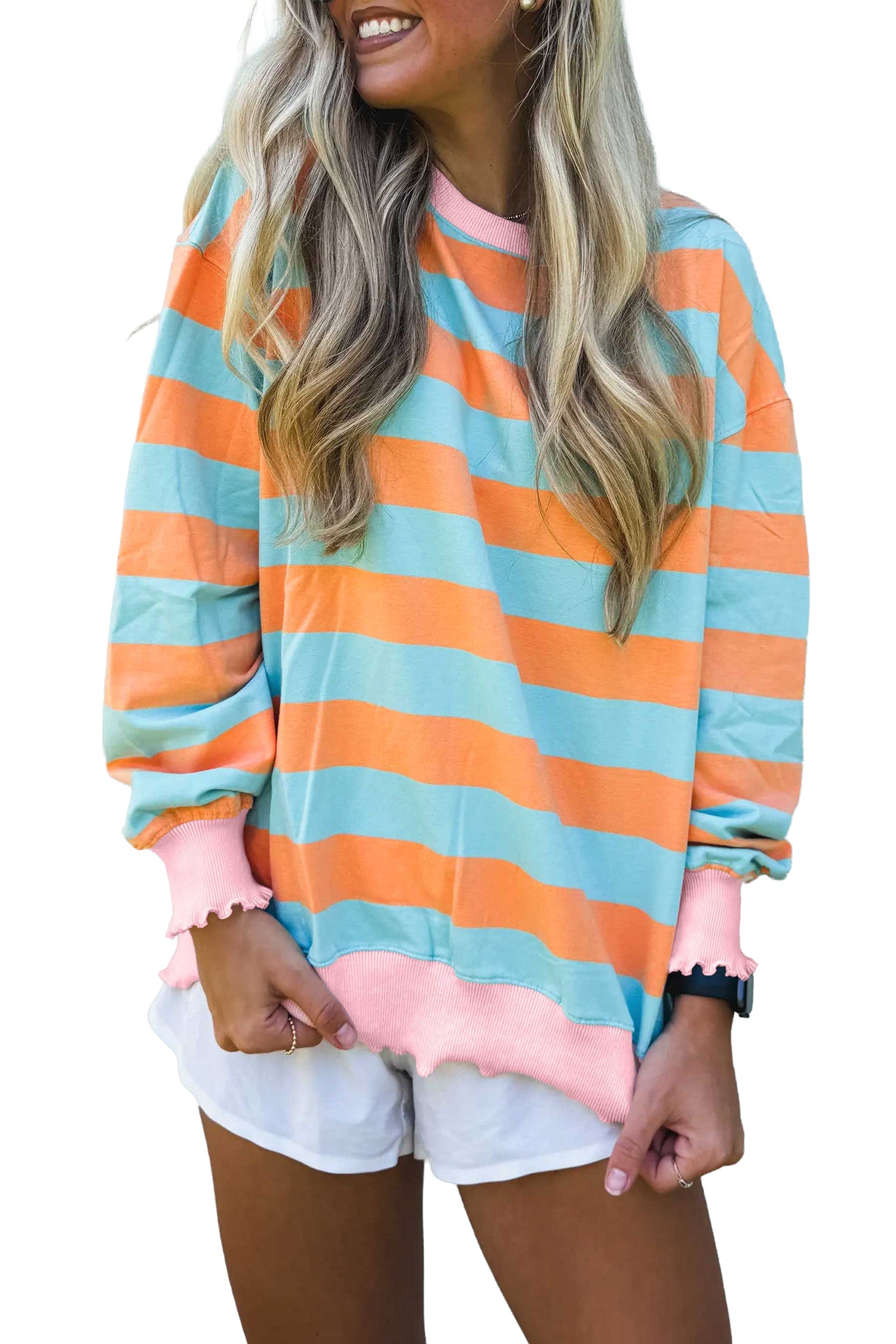 Ribbed Color Block Trim Round Neck Long Sleeve Shift Top – Orange Stripe