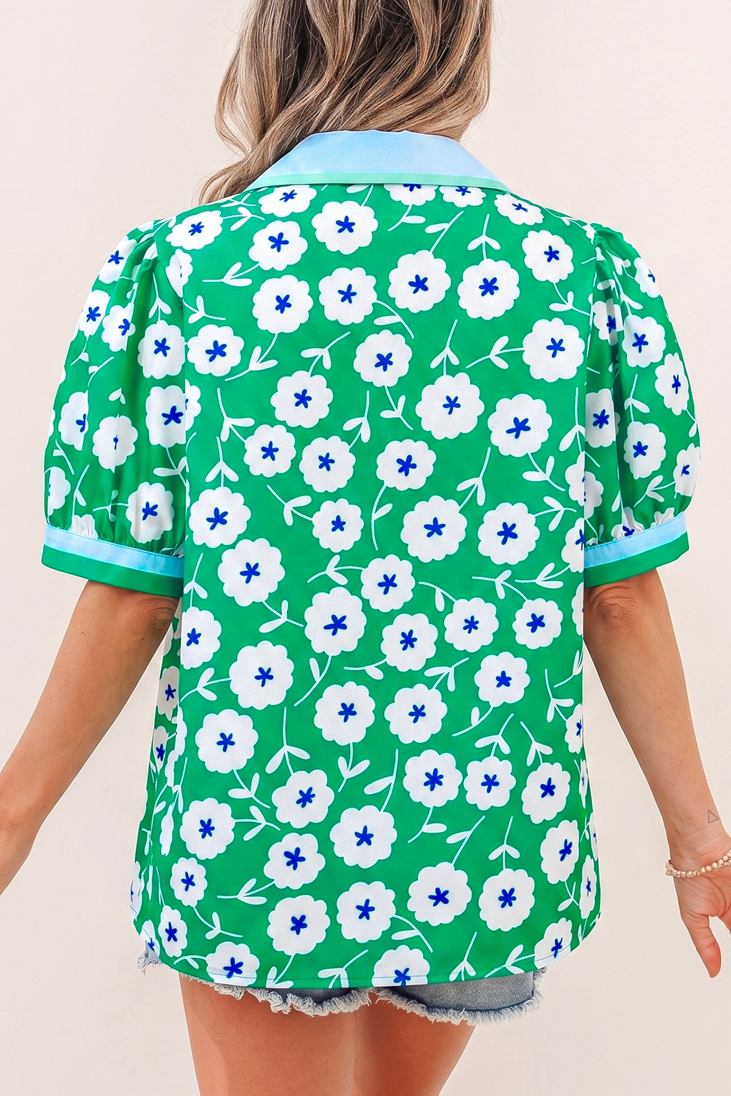 Flower Printed Contrast Patchwork Collar Short Sleeve Blouse – Green