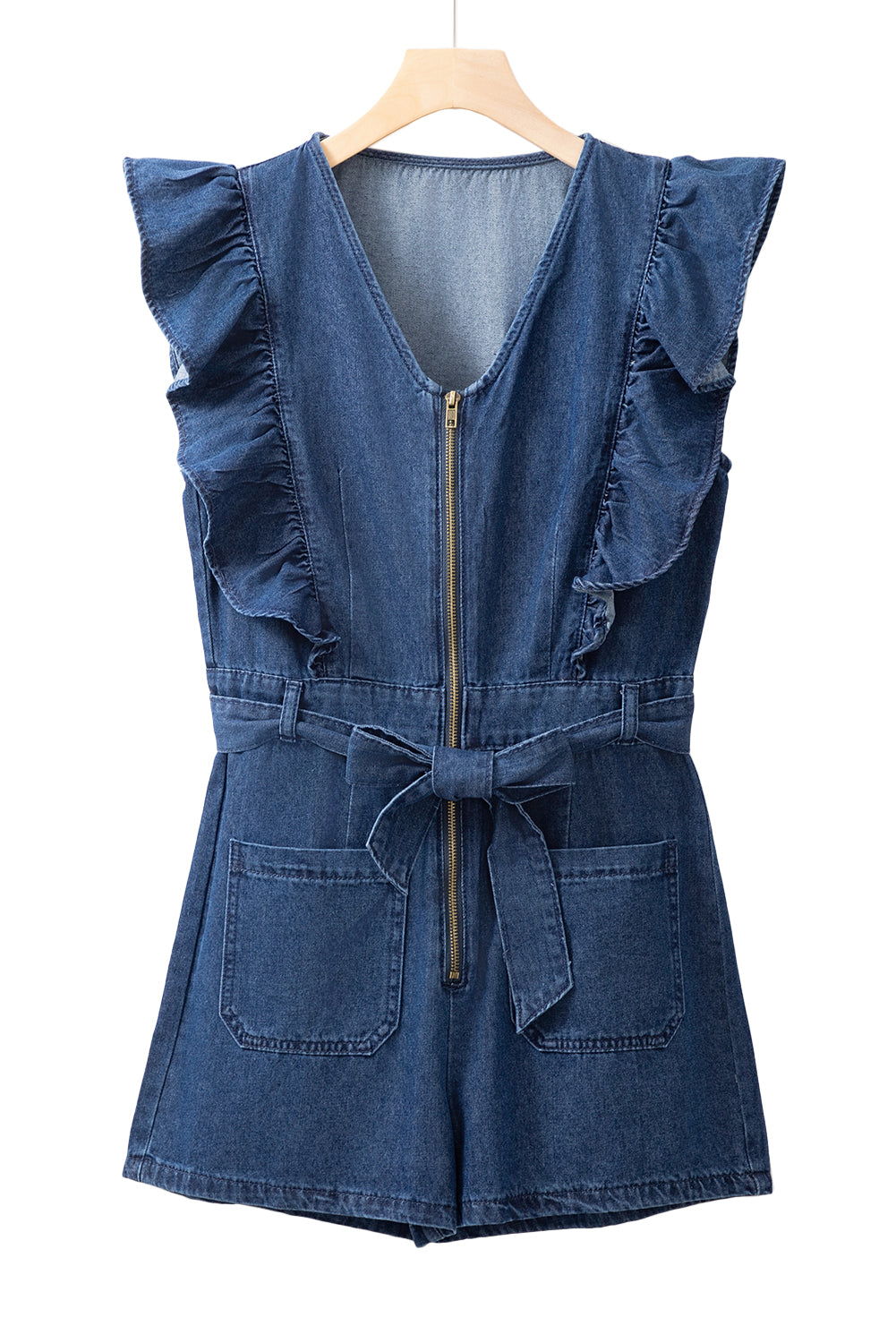 Sail Blue Denim Ruffled Zipped Front Belted Romper eAura