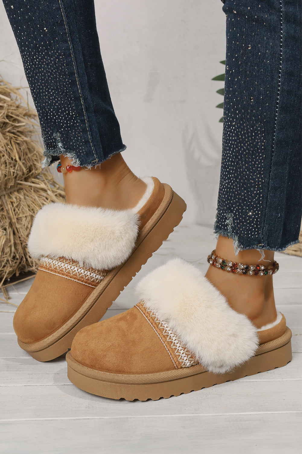 Faux Suede Fuzzy Warm Slippers