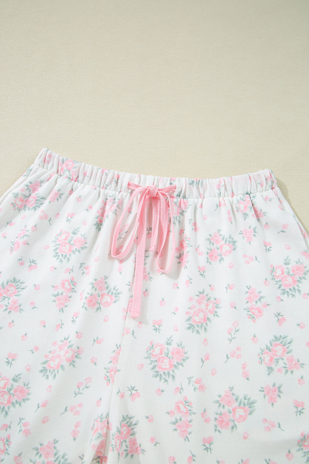 Pink Floral Lettuce Trim Tee and Shorts Ribbed Lounge Set eAura