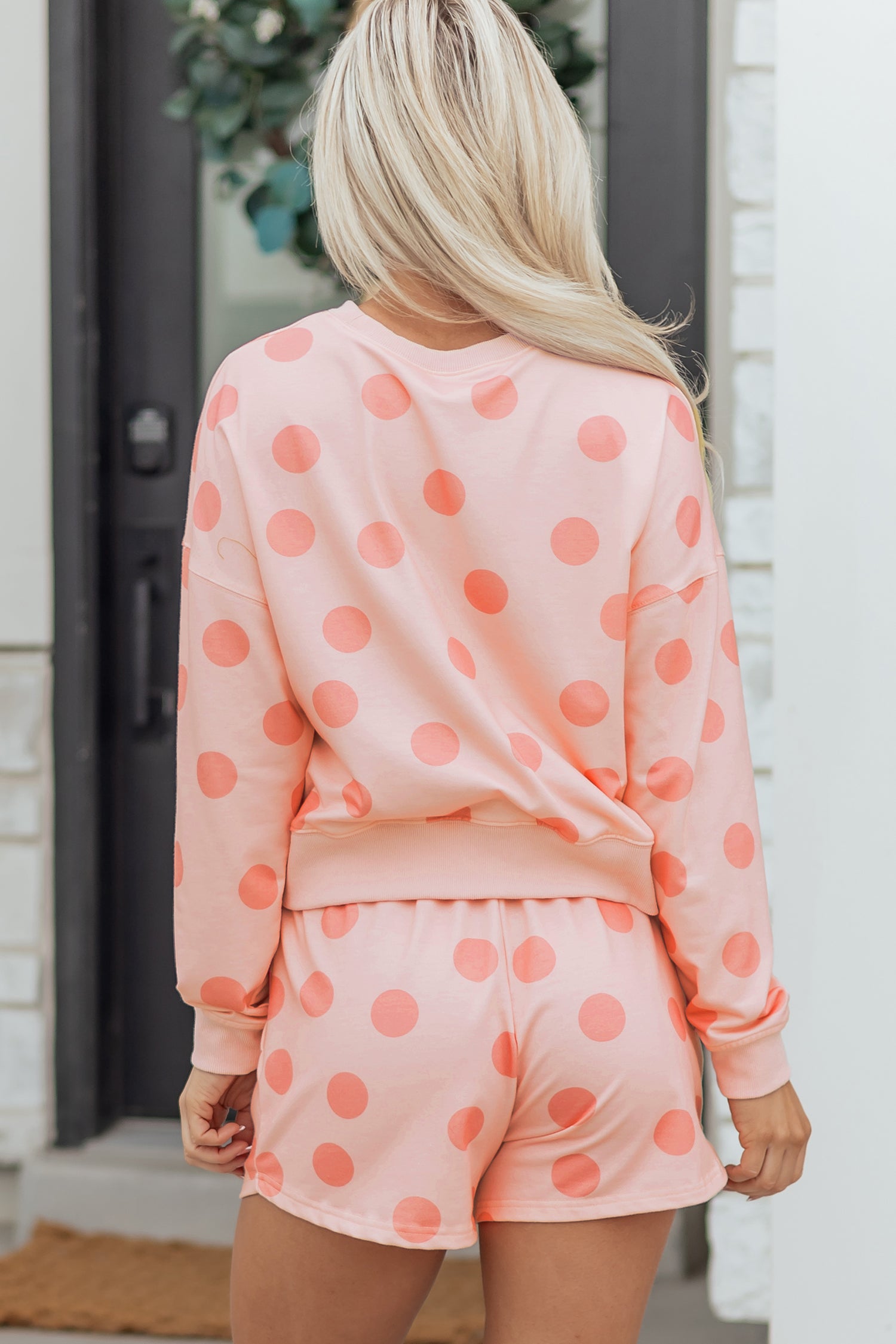 Polka Dot Print Drop Shoulder Pullover Drawstring Shorts Set