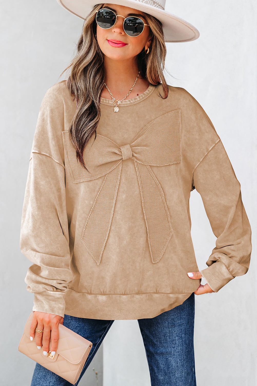 Mineral Wash Big Bow Patchwork Pullover Sweatshirt - eAura