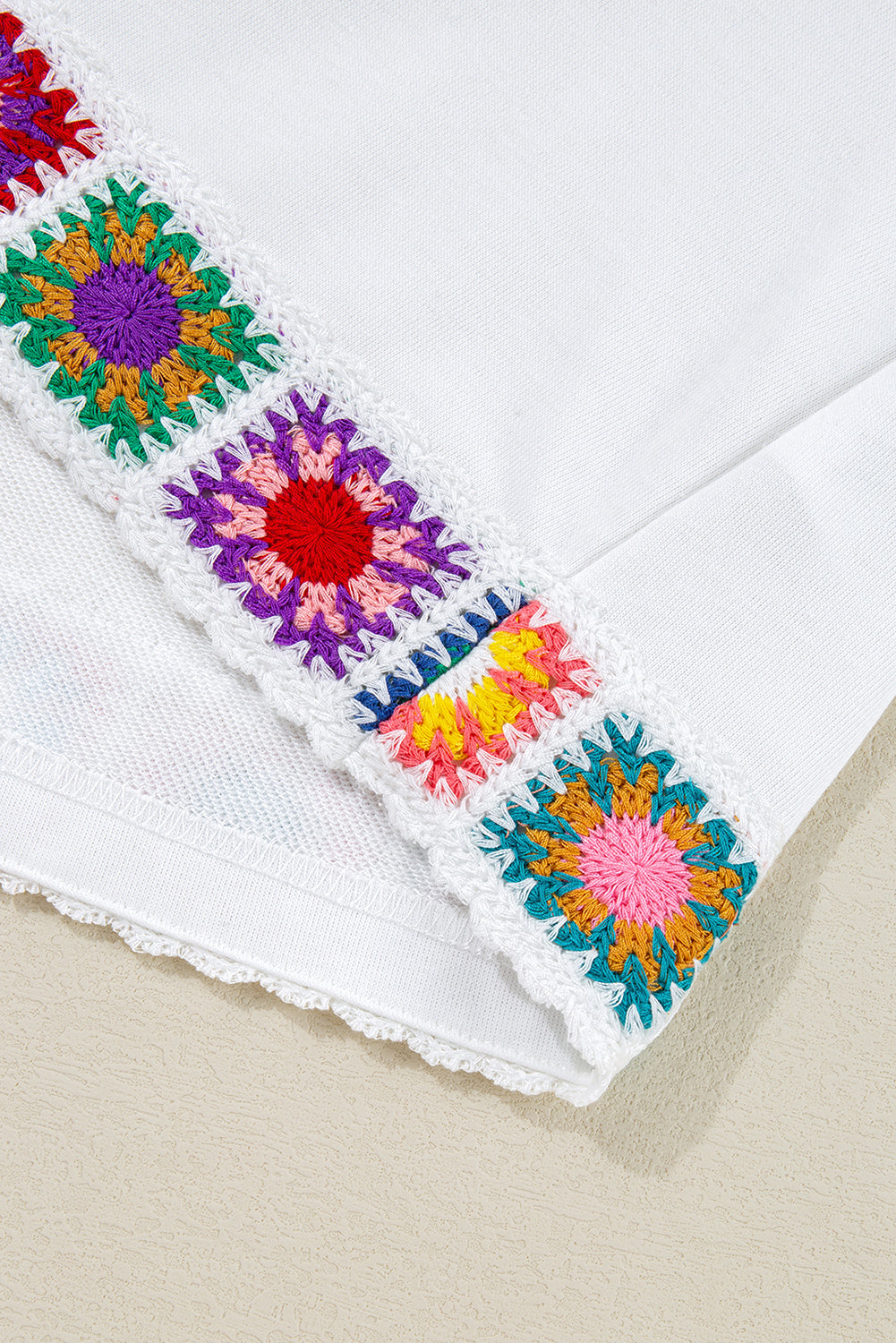 White Floral Crochet Patched Ruffled Sleeve Crewneck Blouse eAura