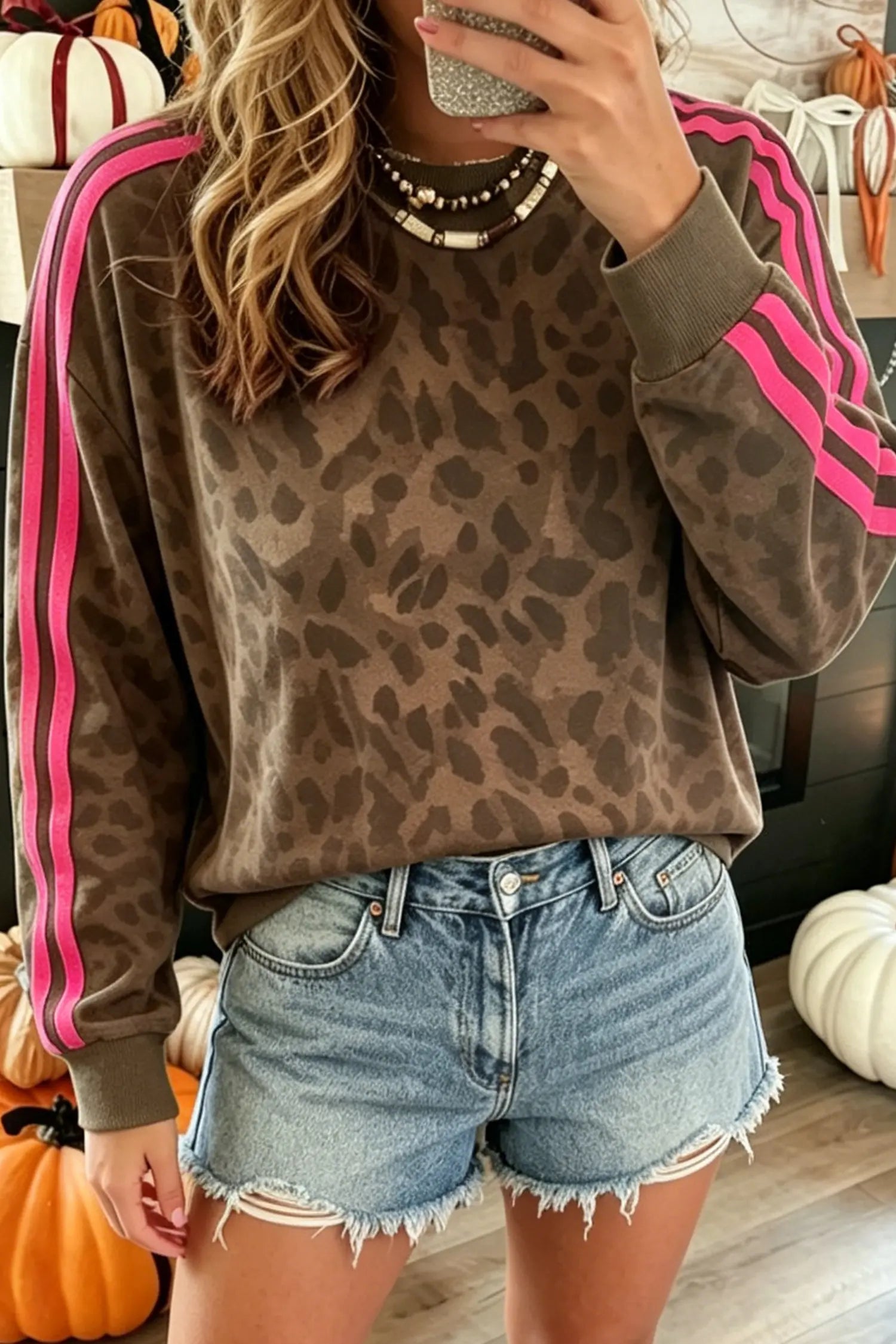 Leopard Print Striped Detail Relaxed Pullover Sweatshirt – Brown
