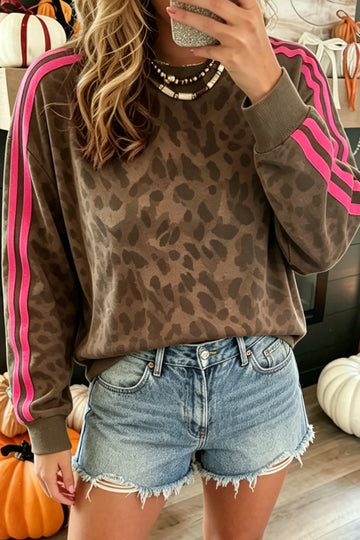 Leopard Print Striped Detail Relaxed Pullover Sweatshirt – Brown