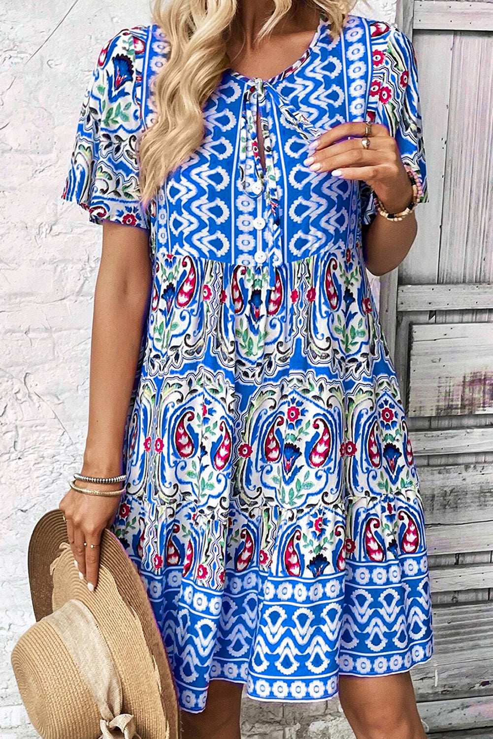 Pink Bohemian Print Tie Neck Ruffle Hem Short Dress eAura