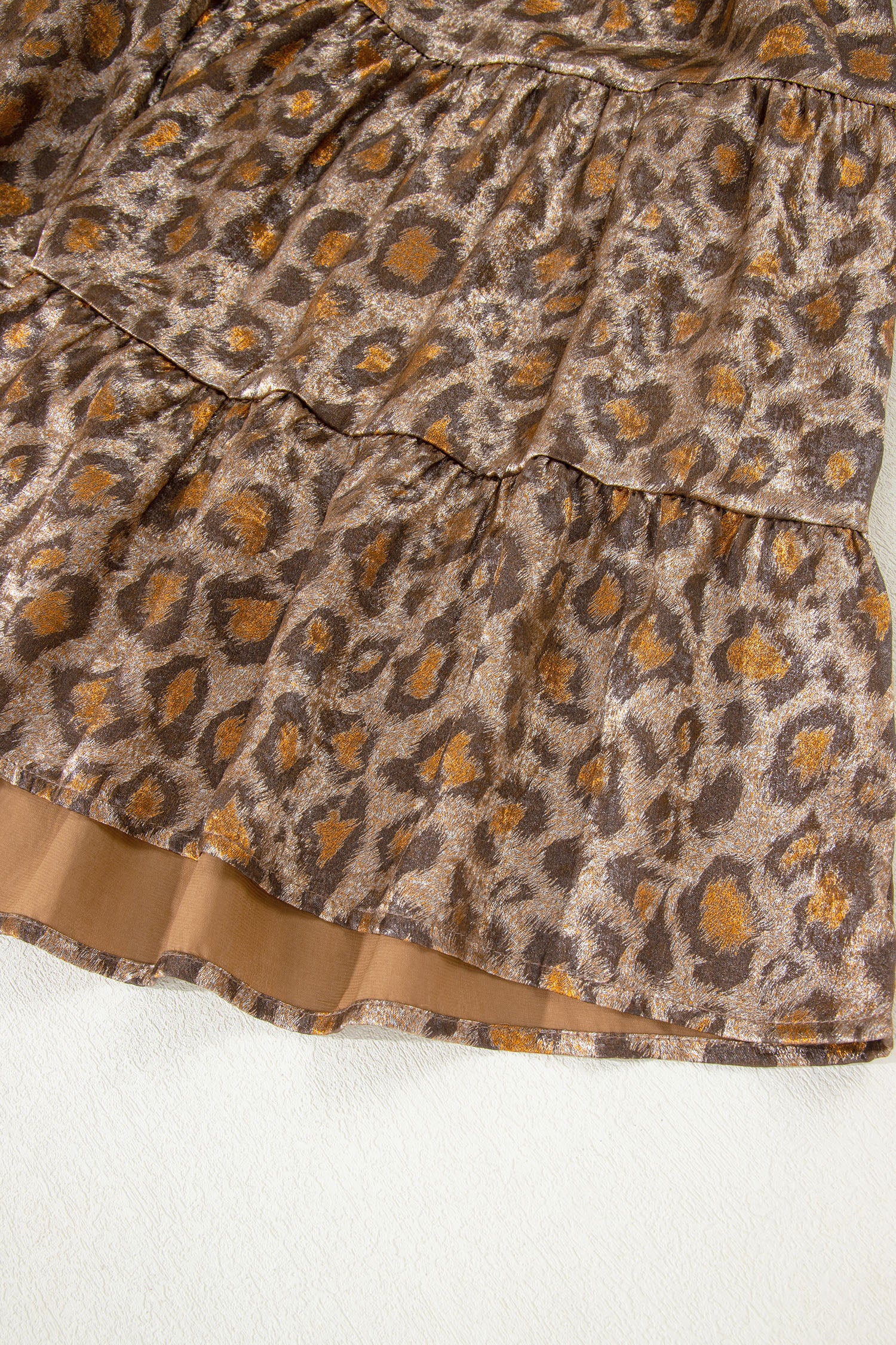 Khaki Leopard Print V-Neck Ruffled Sleeve Tiered Loose Mini Dress