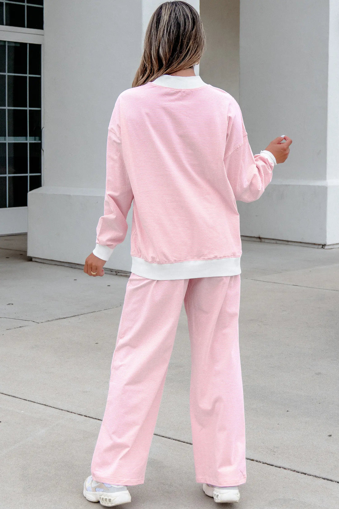 Colour Block Trim Mock Neck Pullover Drawstring Pants Casual Outfit – Pink Stripe