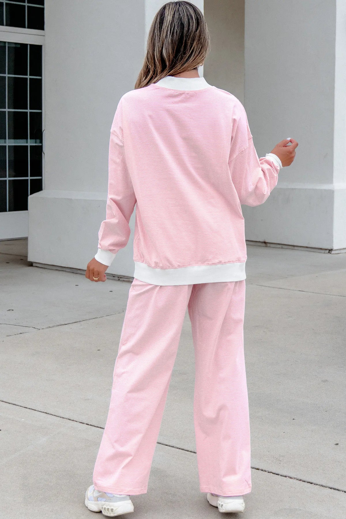 Colour Block Trim Mock Neck Pullover Drawstring Pants Casual Outfit – Pink Stripe